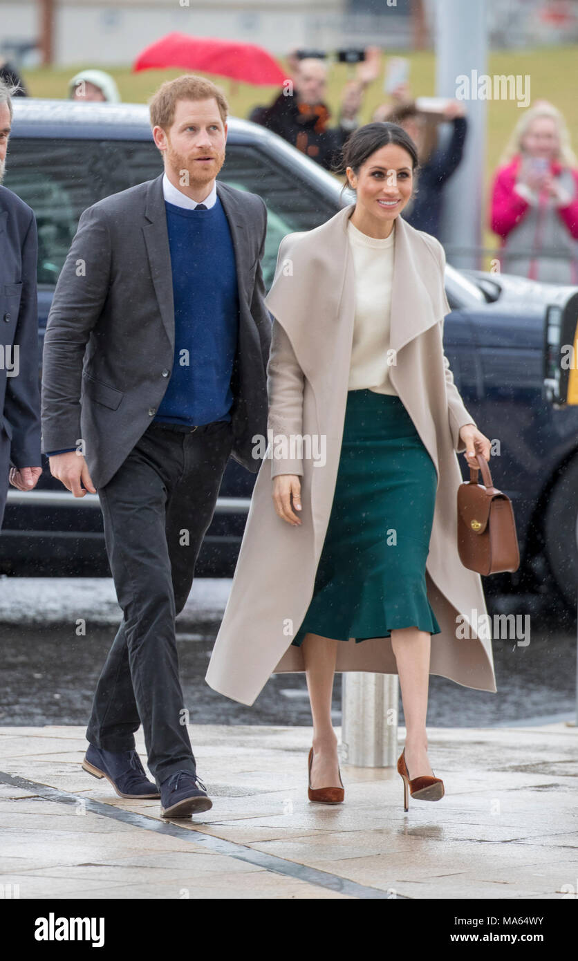 23rd March 2018 Belfast UK Britain's Prince Harry and his fiancee Meghan Markle on a visit to Belfast where they visited The Crown Liquor Saloon. Stock Photo