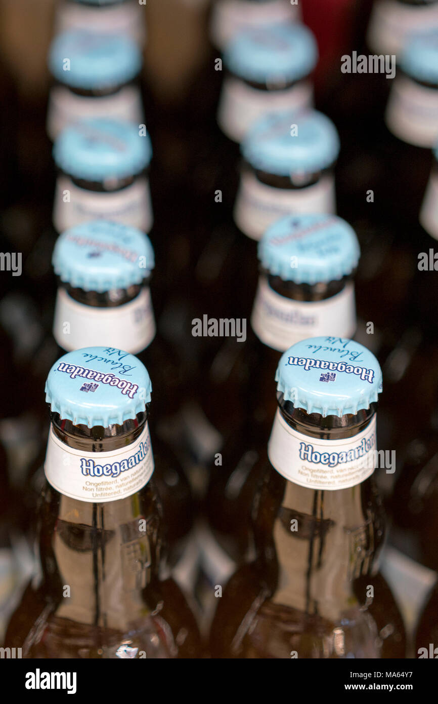 Kiev, Ukraine. February 18 2018. Hoegaarden beer bottles on store shelf. Hoegaarden Brewery is a