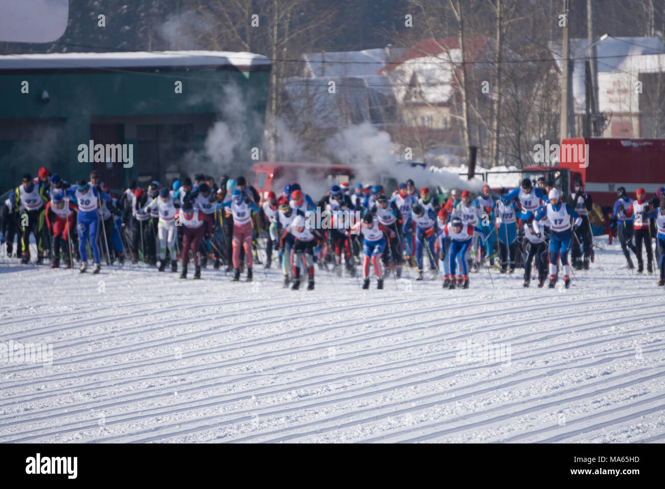 Nordic ski competitions. Athletes standing on the start before race