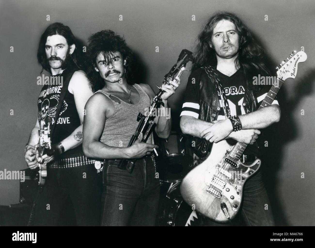 British heavy metal band Motörhead 1982,left Ian ' Lemmy' Kilminster,Phil 'Philthy Animal' Taylor,'Fast' Eddie Clarke Stock Photo