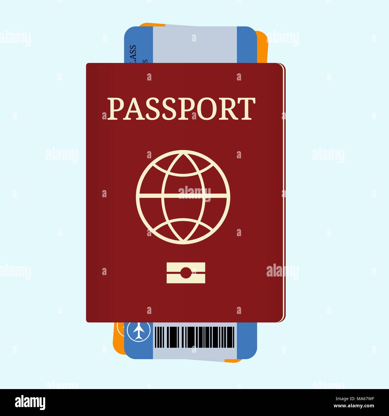 Passport with airline tickets. International tourism travelling concept. Personal document passport with ticket flight, illustration passport for trav Stock Vector