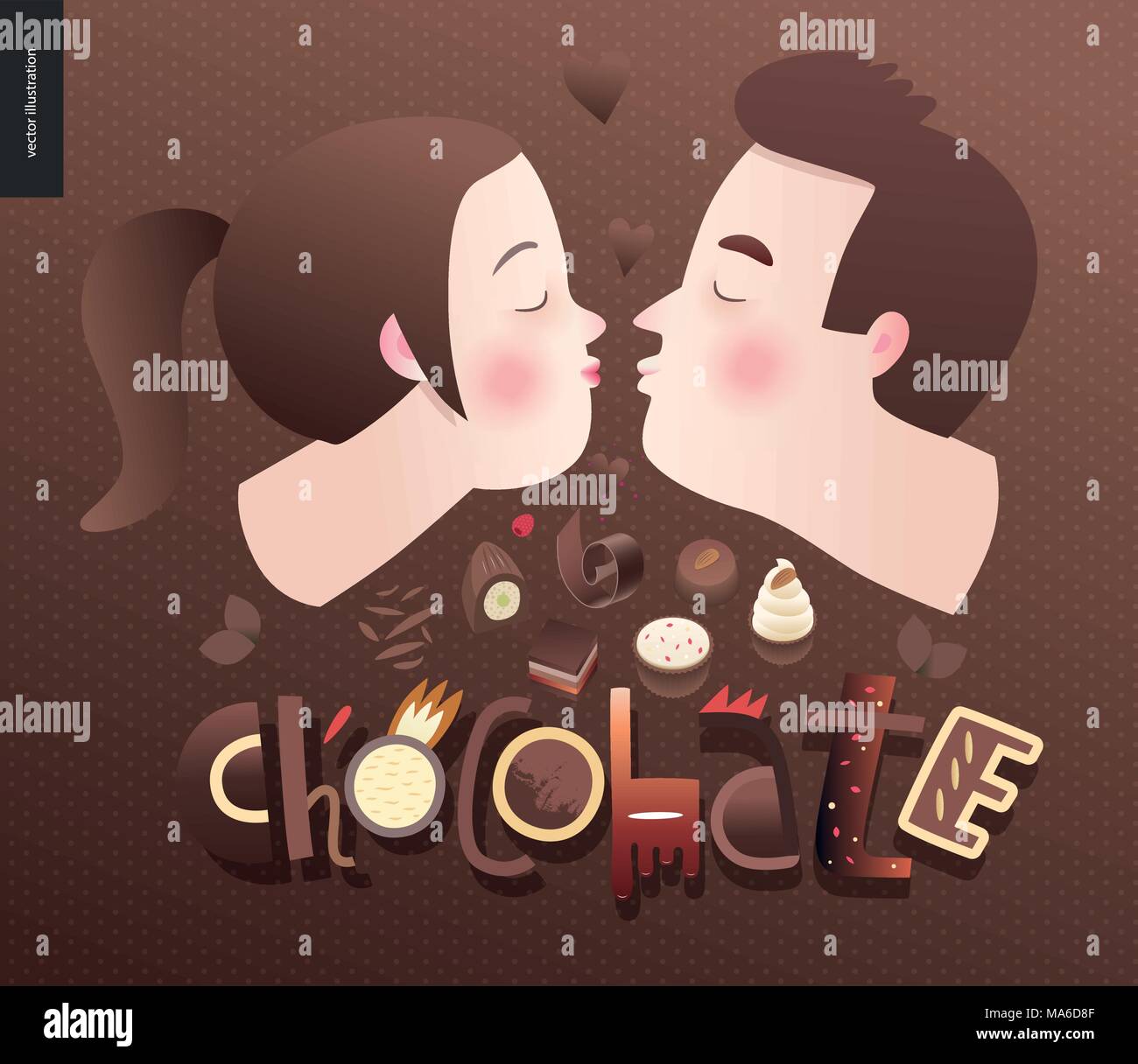 Love spring chocolate slogan - lettering composition and a kissing ...