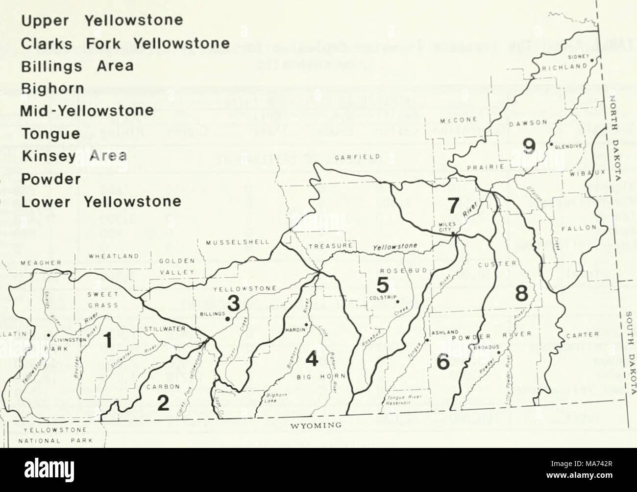 . The effect of altered streamflow on migratory birds of the Yellowstone River Basin, Montana  . Figure A-l. The nine planning subbasins of the Yellowstone Basin. TABLE A-l. Increased water requirements for coal development in the Yellowstone Basin in 2000. Level of Development Coal Development Activity Electric Generation Gasifi- cation Syncrude Ferti- lizer Export Strip Mining Total COAL MINED (mmt/y) Low Intermediate High 8.0 24.0 32.0 7.6 7.6 22.8 0.0 0.0 36.0 0.0 0.0 3.5 171.1 293.2 368.5 186.7 324.8 462.8 CONVERSION PRODUCTION Low Intermediate High 2000 mw 6000 mw 8000 mw 250 mmcfd 250 m Stock Photo
