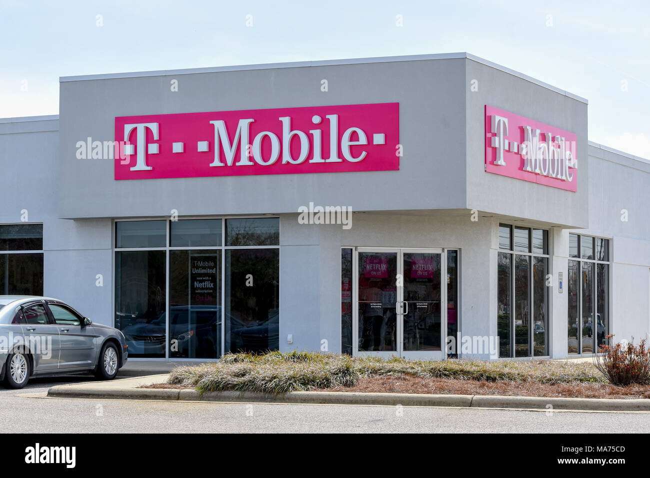 Wilson, NC / March 29, 2018: A T Mobile wireless service location is open in Wilson, North Carolina. Stock Photo