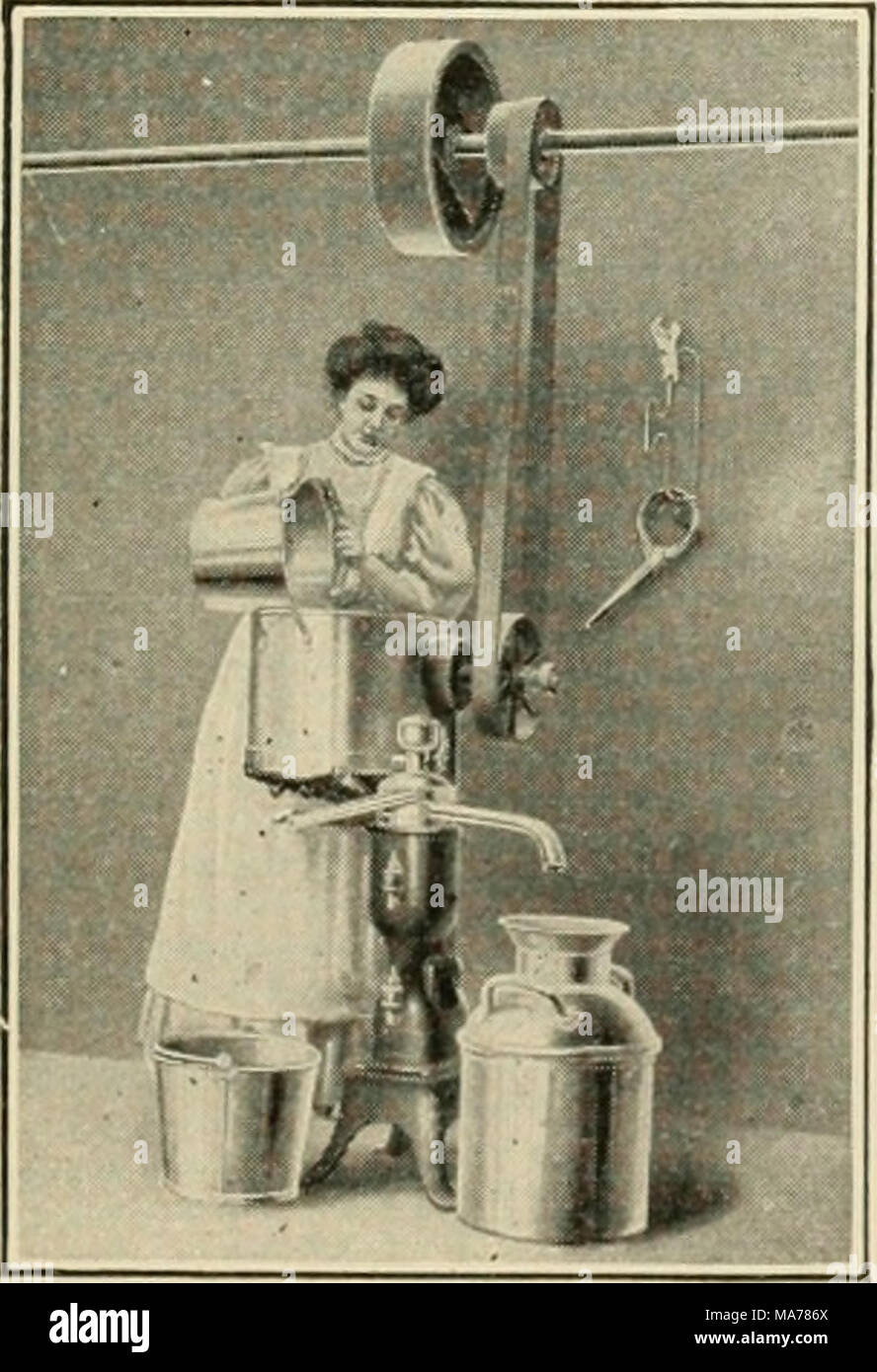 . Elementary agriculture . Fig. 19. The new way— en inn separator. cream back and forth The old way of separating cream. The worker firmly rolls and does not rub it, because that destroys the grain. When the butter is free from but- termilk, it can be made into a tempting lump and stamp- ed and rolled in oiled paper. Butter is judged for its flavor, color, grain, and the amount of salt, but in a great measure it is judged by its general appearance. The Churn. Farmers, to- day, prefer the barrel churn, without a dasher. In opera- tion this churn throws the against its sides. Churns Stock Photo