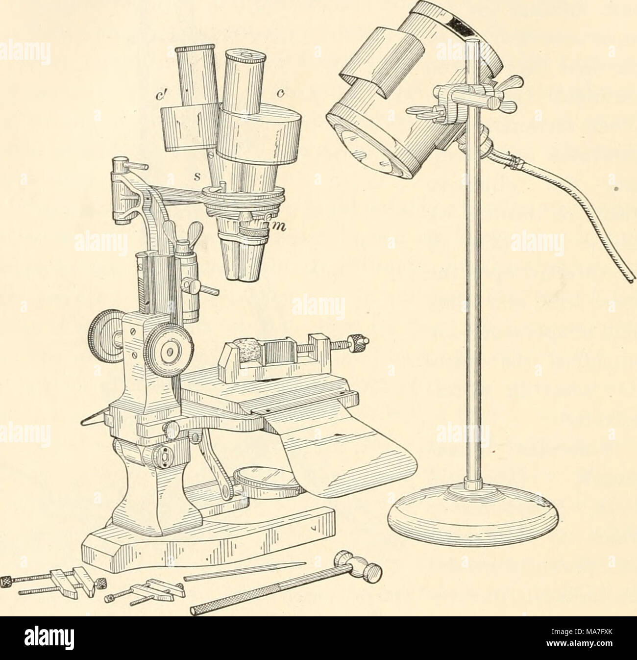 . Elementary chemical microscopy . Fig. 30. Spencer Lens Co. Greenough-Type Binocular Microscope; Bausch &amp; Lomb Lamp; Starrett Clamps; arranged for the removal of tiny fragments for microscopic qualitative analysis. ing the microscope in different positions and with different arrangements as to stages and objects are sufficiently clear that they require no lengthy descriptions of the ways in which the instrument may be used. The microscope, having a &quot; flexible &quot; pillar, may also be used in a horizontal position. A few words are, however, necessary relating to the construc- tion a Stock Photo