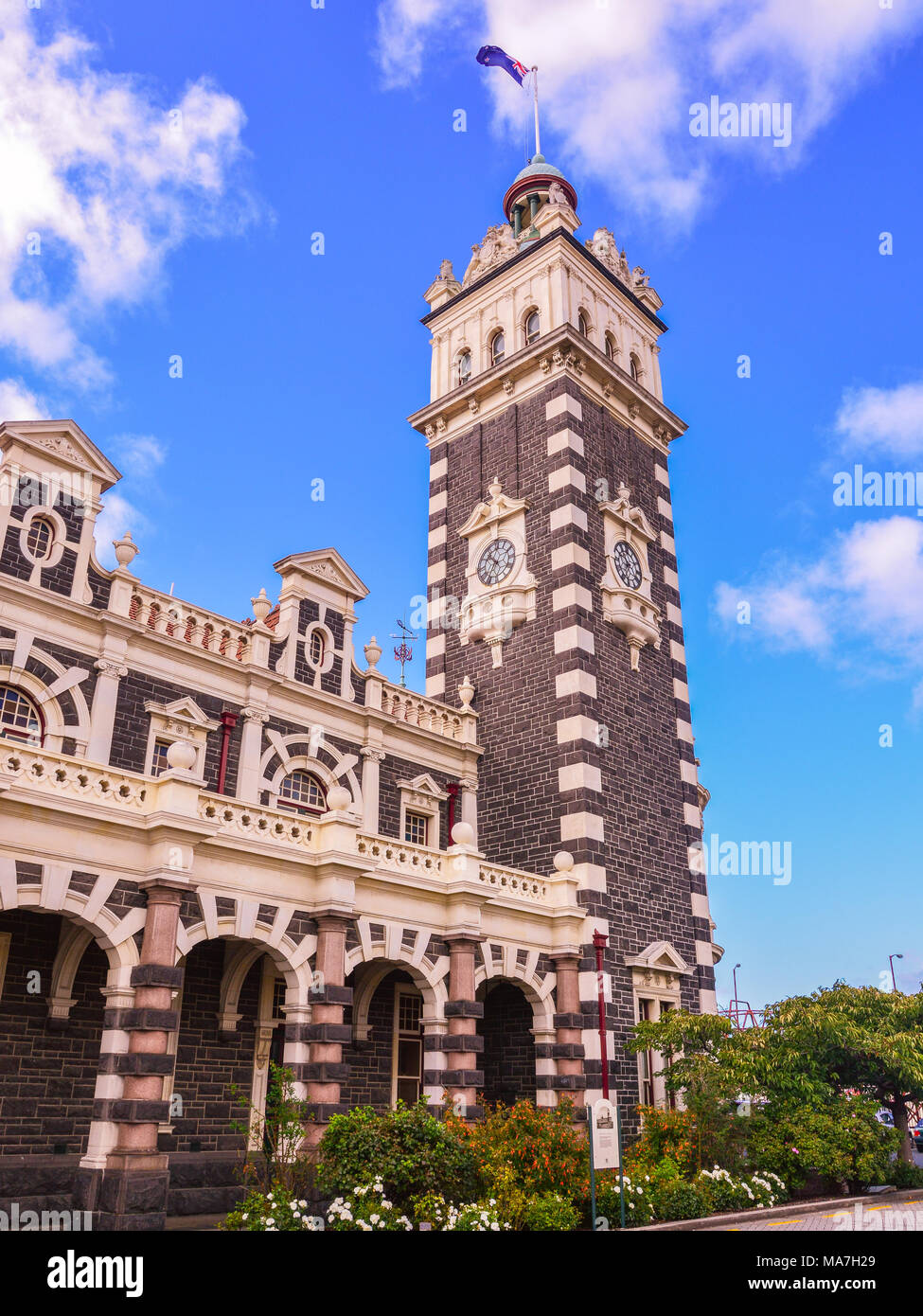 Clock Tower of Dunedin Railway Station - Dunedin, New Zealand Stock Photo