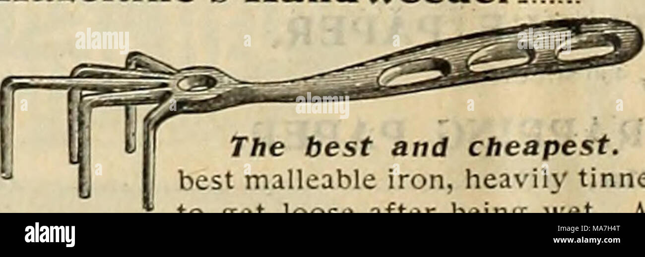 . E. H. Hunt's catalogue . per doz., SI,35; each, .12 &quot; 2.50; &quot; .25 &quot; 2.25; &quot; .20 &quot; 2.10; &quot; .20 hand. THE CHAMPION WEEDING HOOK Made of one piece of ried. No wooden handle to get loose after being wet. Always clean. Fits the Indestructible. Each, 10c; by mail, 20c. WIRE ANNEALED. No. 24, lb., 10c; 12 lbs., Sl.OO , No. 26, lb., 12c; 12 lbs., 1.10 I No. 36, lb., 25c; Copper, fine, lb.. 55c: medium, lb., 45c: heavy, lb No. 28, lb., 15c: 12 lbs., Sl.15 - 12 lbs., 2.10 .. .40 Stock Photo