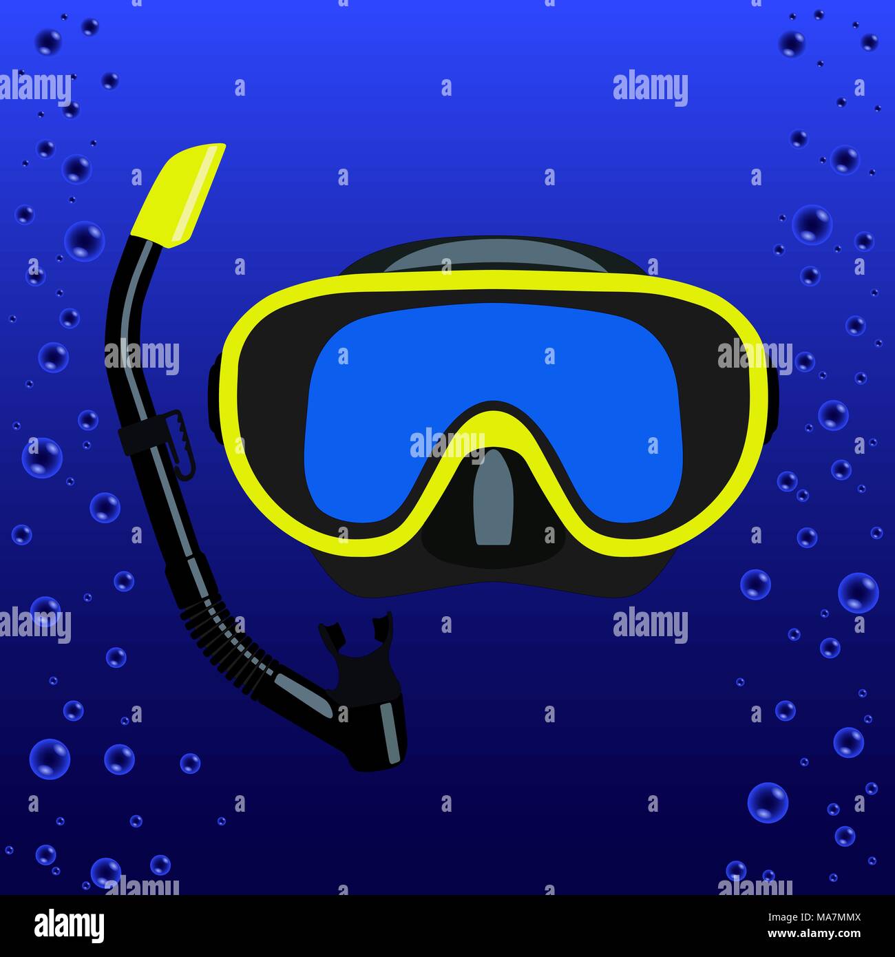 scuba mask and snorkel against a background of blue water with bubbles vector illustration Stock Vector