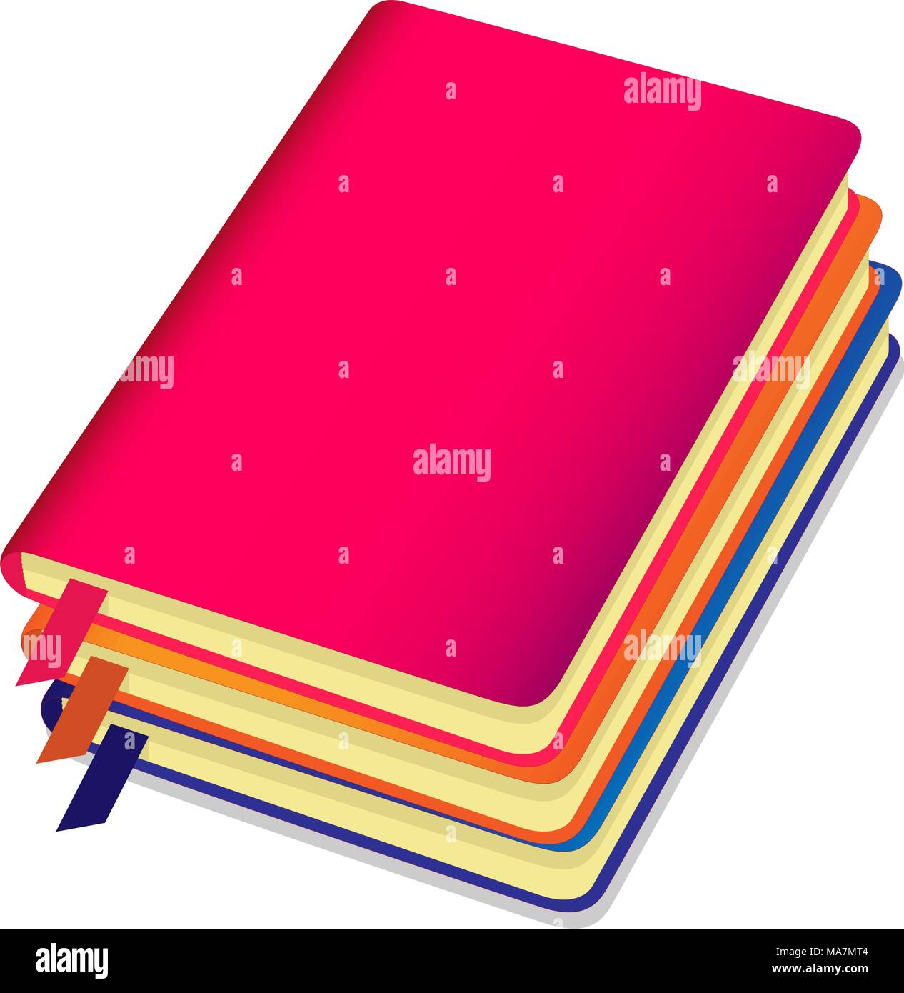 Three colorful copybooks template with bookmark, stack of notebooks