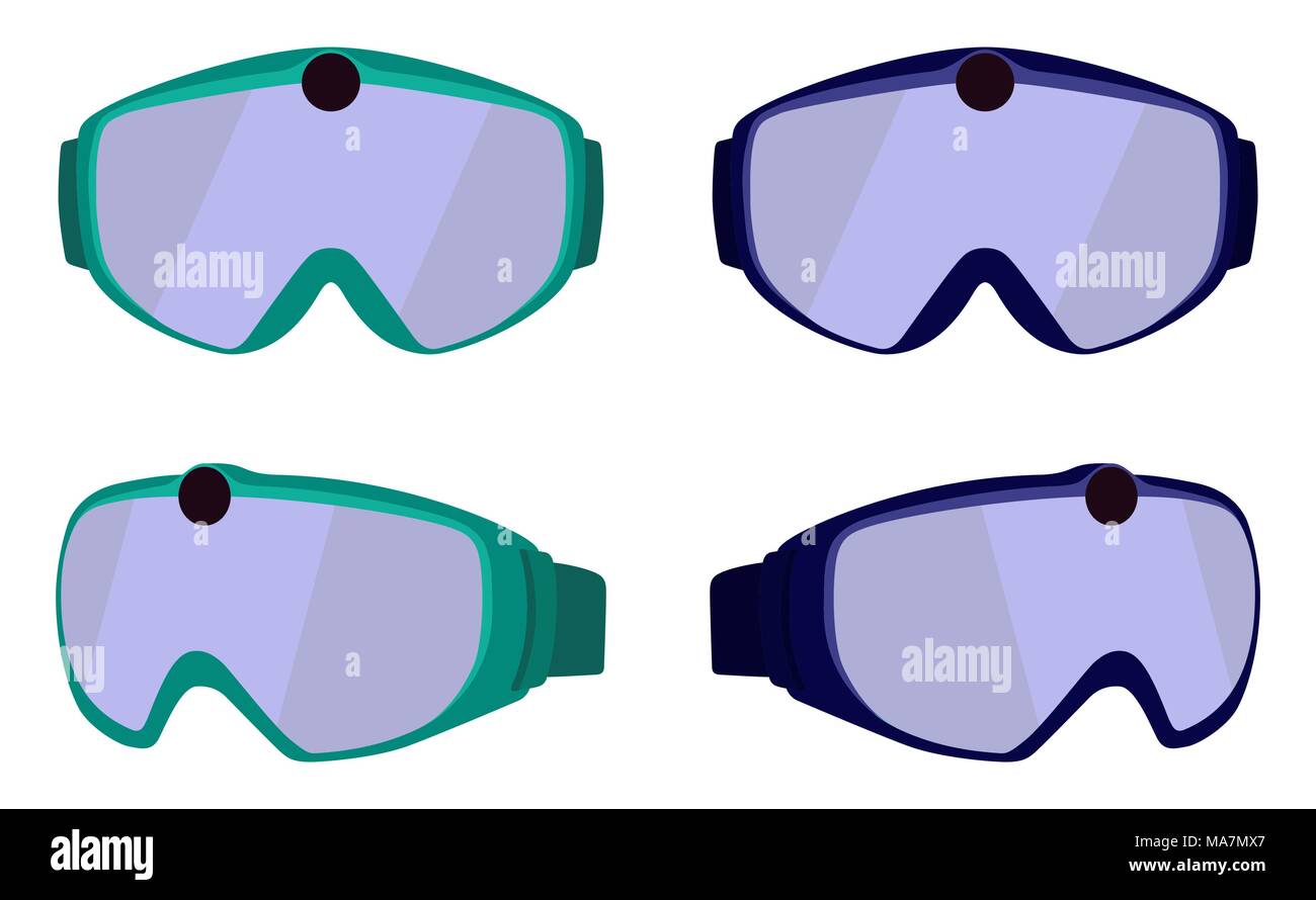 Set of classic ski and snowboard glasses with colored rims. Goggles