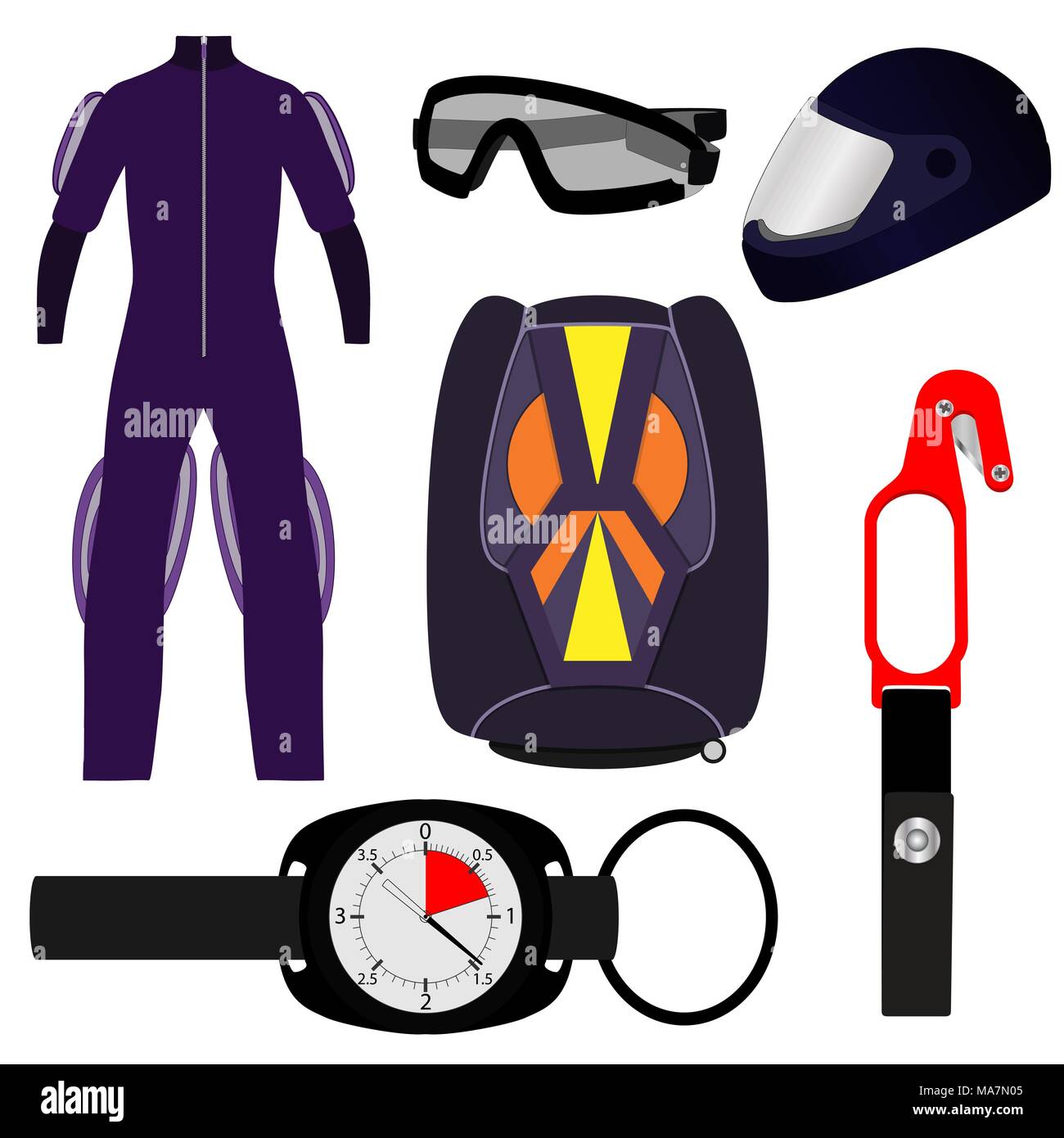 Equipment for skydiving, set. Rig, Altimeter, Hook knife, helmet