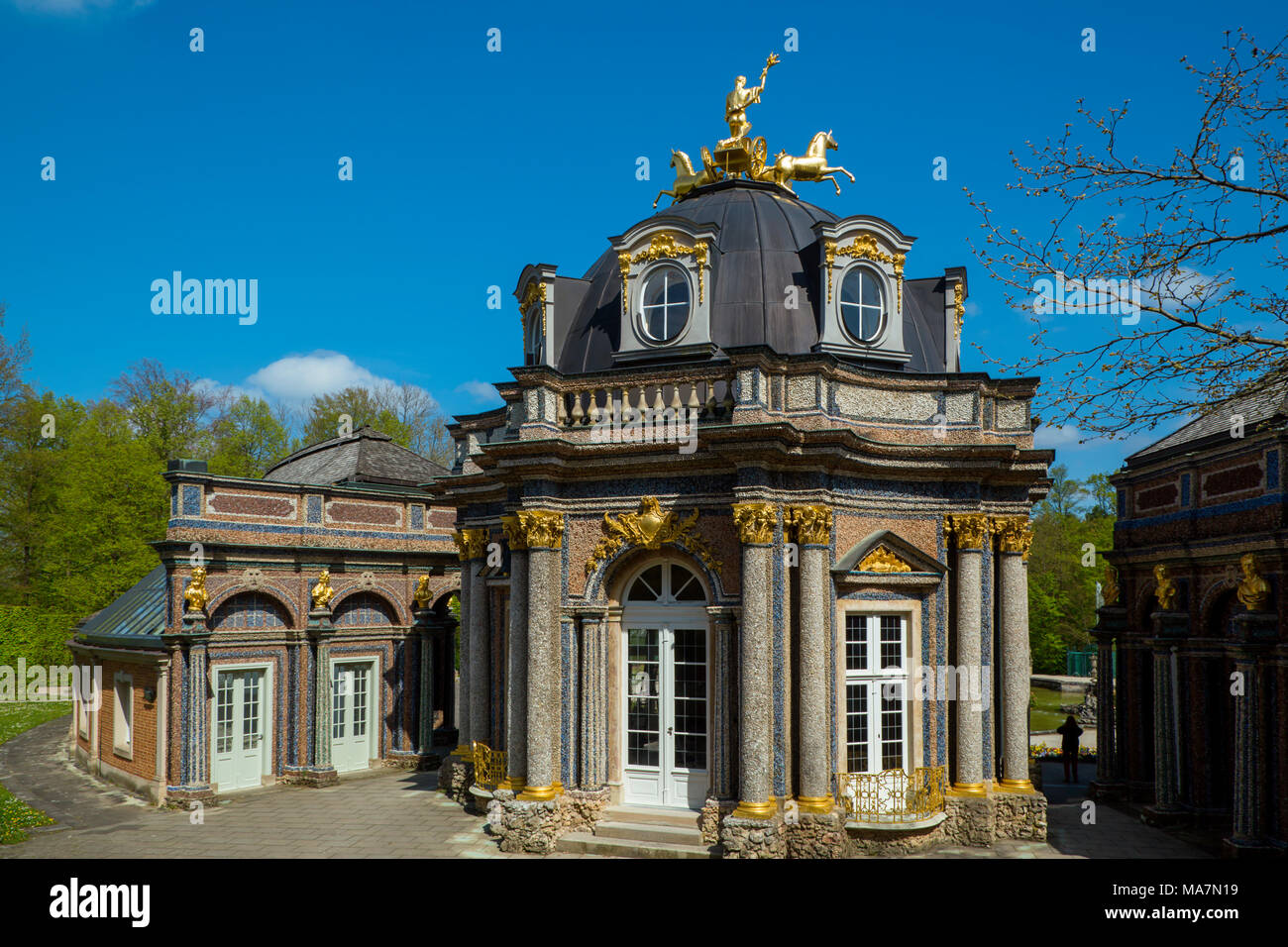 The Eremitage with its Sun Temple.Wilhelmina had the Neues Schloss built in 1736 by J. Saint-Pierre. The Temple of the Sun, hemicycle, is the center. Stock Photo