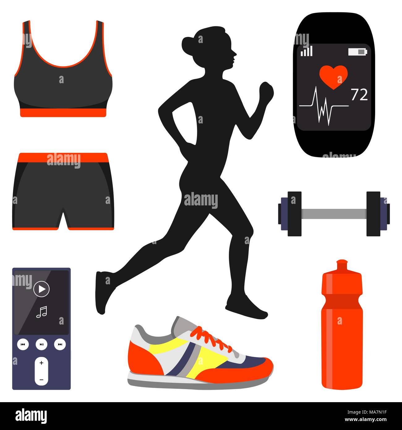 Water bottle with dumbbells and stopwatch clipart. Female Fitness