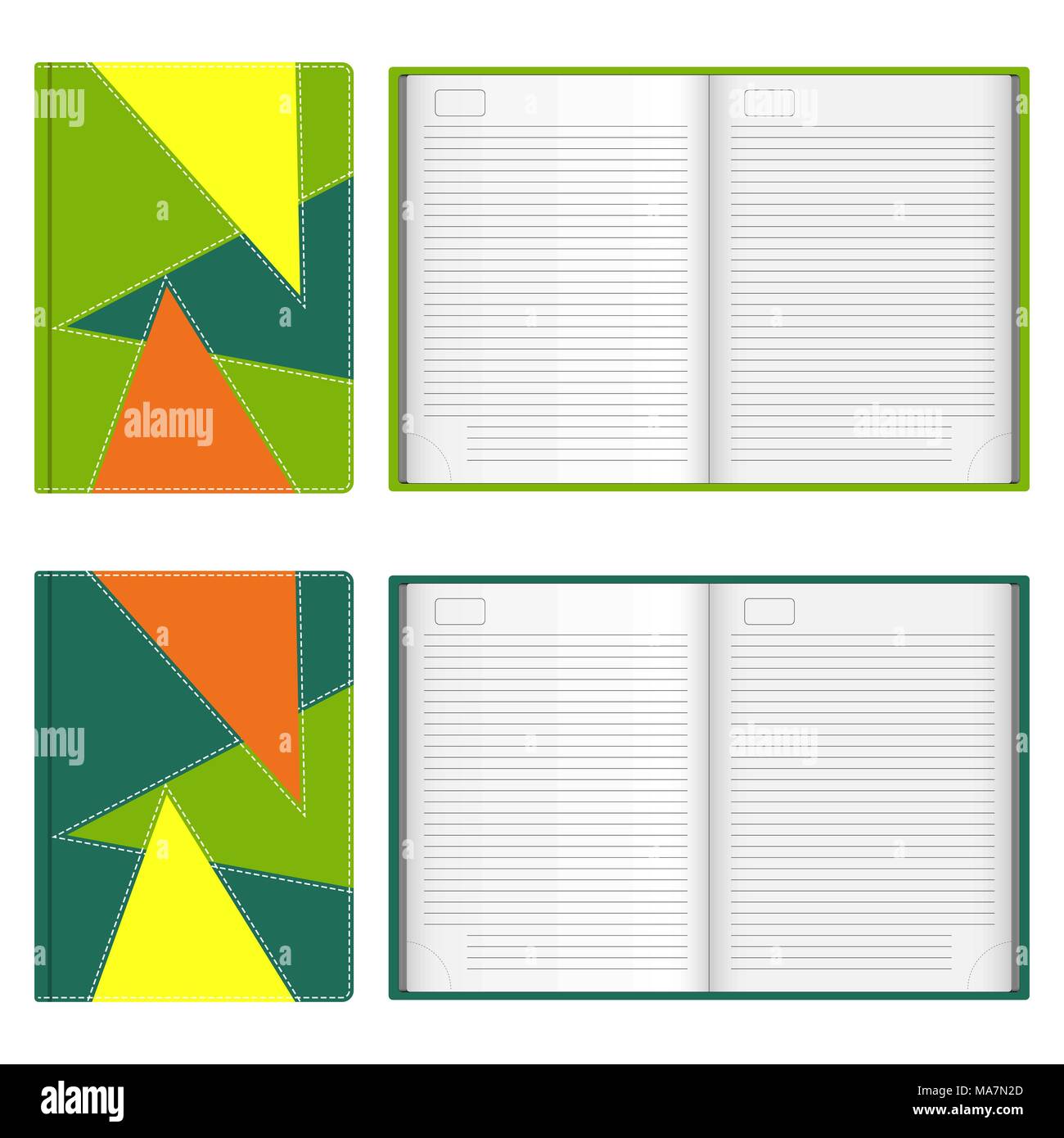 Collection of stylish leather diaries covers, stitched with white thread, open and closed. Vector illustration in flat style, isolated on white backgr Stock Vector