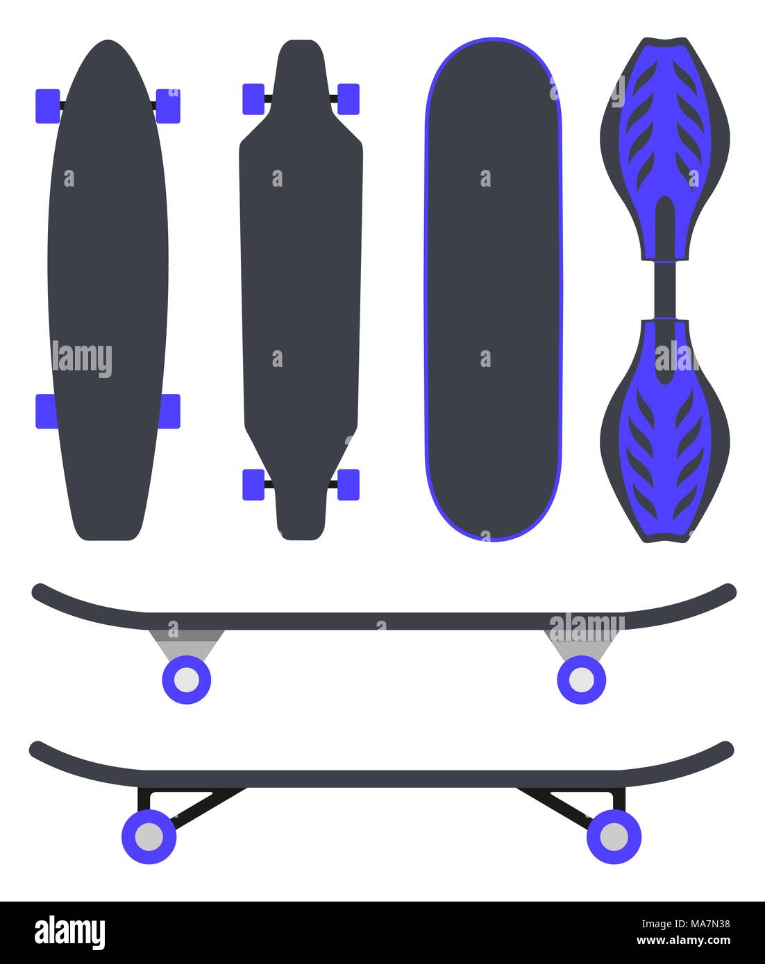 Skateboard types, set. Different skateboards in the same colours.  Skateboards top view and side view. Vector illustration in flat style,  isolated on w Stock Vector Image & Art - Alamy