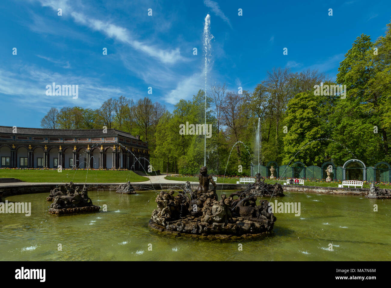 The Eremitage's garden is the largest park in Bayreuth. Fountains are dated 19th century Stock Photo