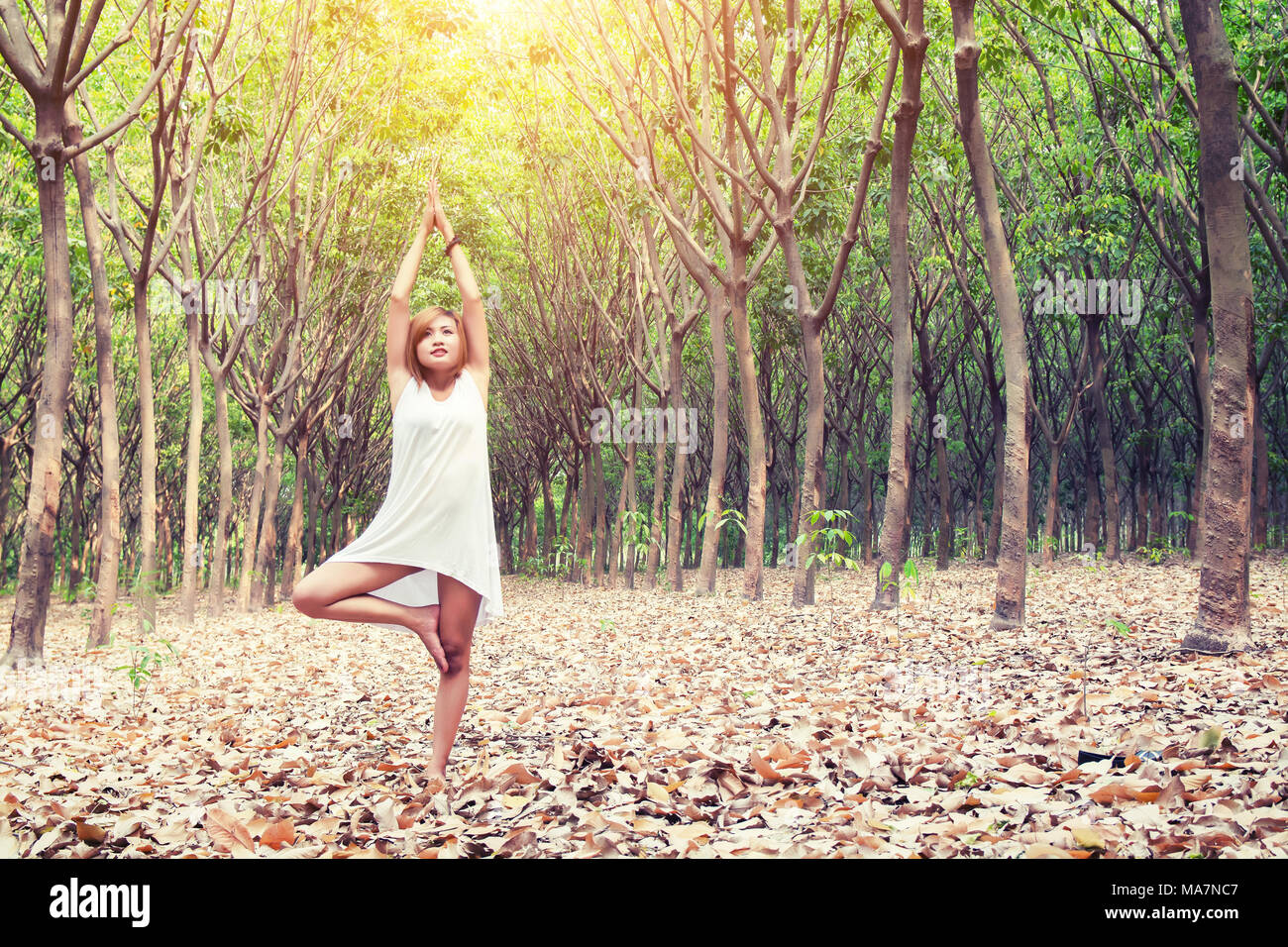 Yoga tree pose by beautiful young asian woman in white costume on green ...