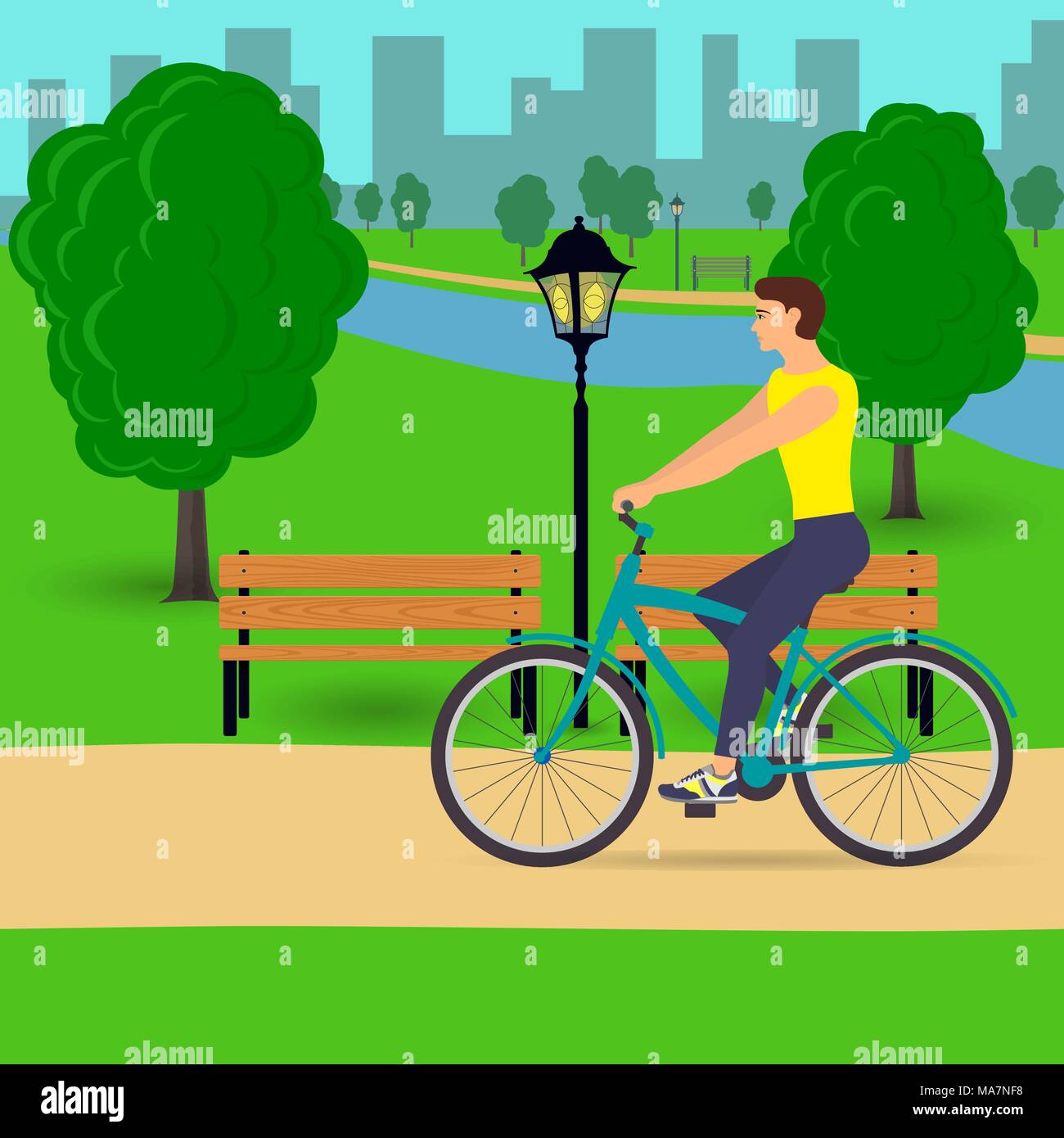 Man riding a bicycle in beautiful city park. Vector flat illustration ...