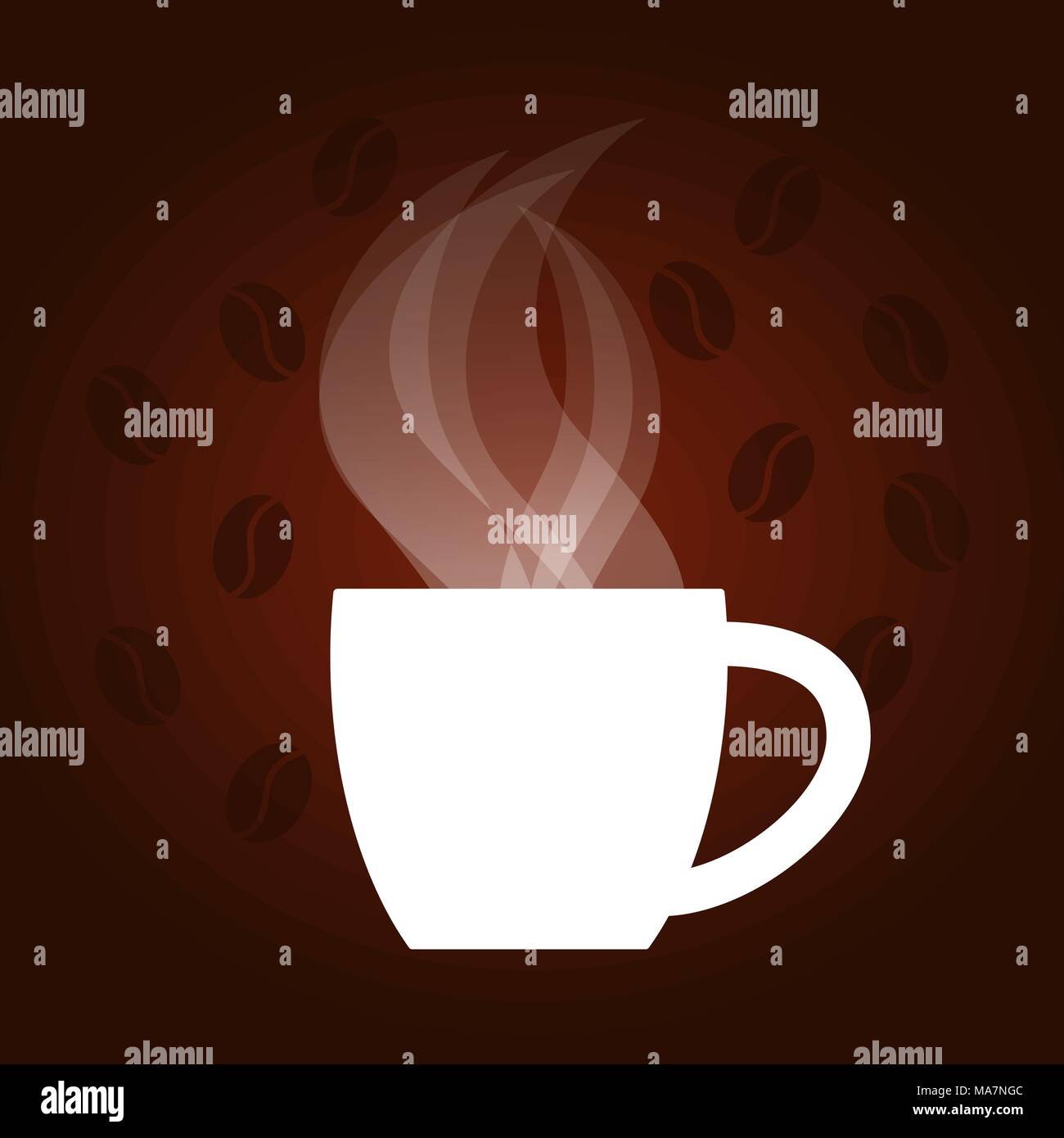 Dark coffee background with white cap, steam, coffee beans. Vector