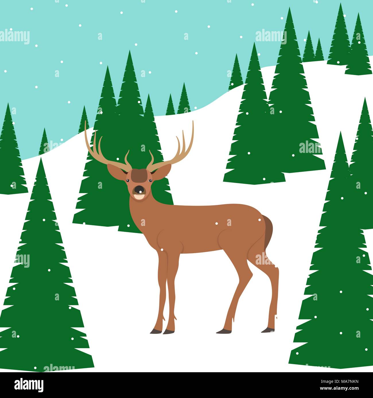 Deer stands on snowy hill among the fir trees. Vector illustration ...