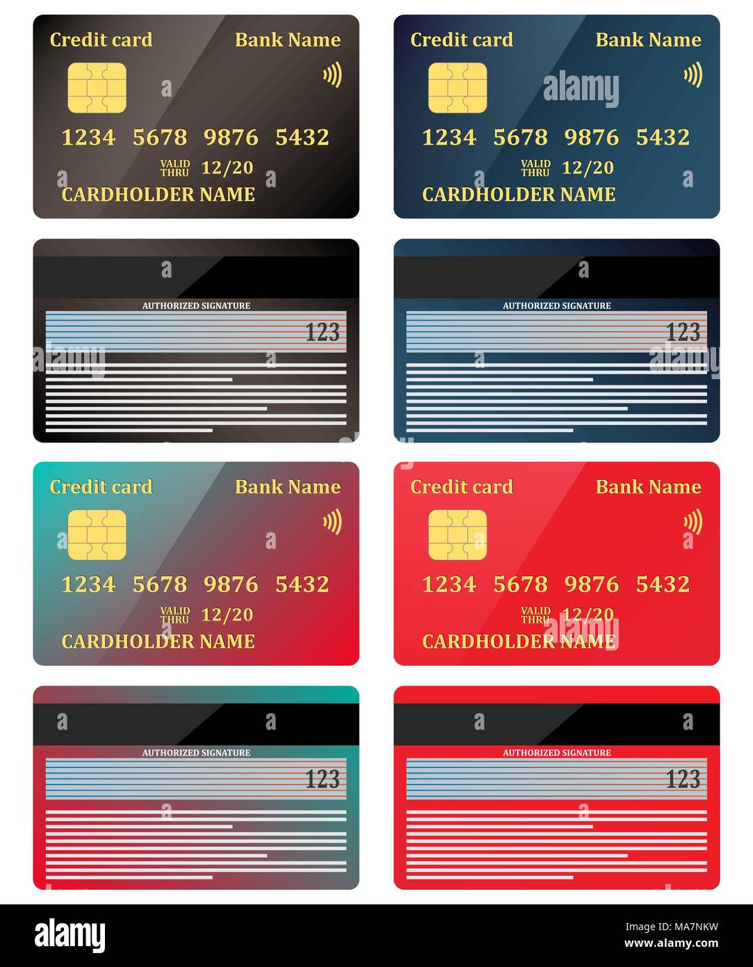 Realistic credit cards, view from both sides, set. Vector illustration, isolated Stock Vector