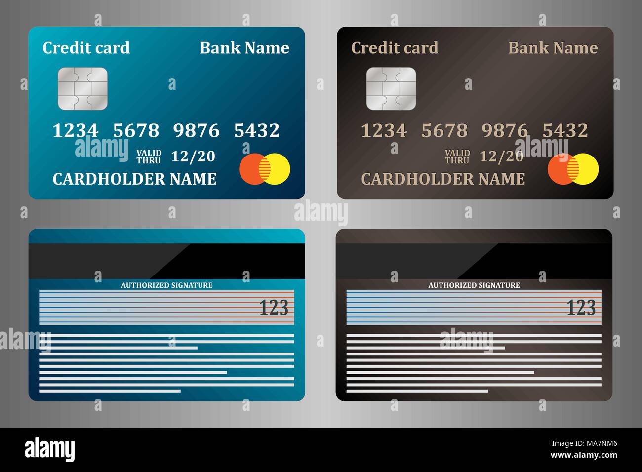 Realistic credit cards, view from both sides, set. Vector illustration, isolated Stock Vector
