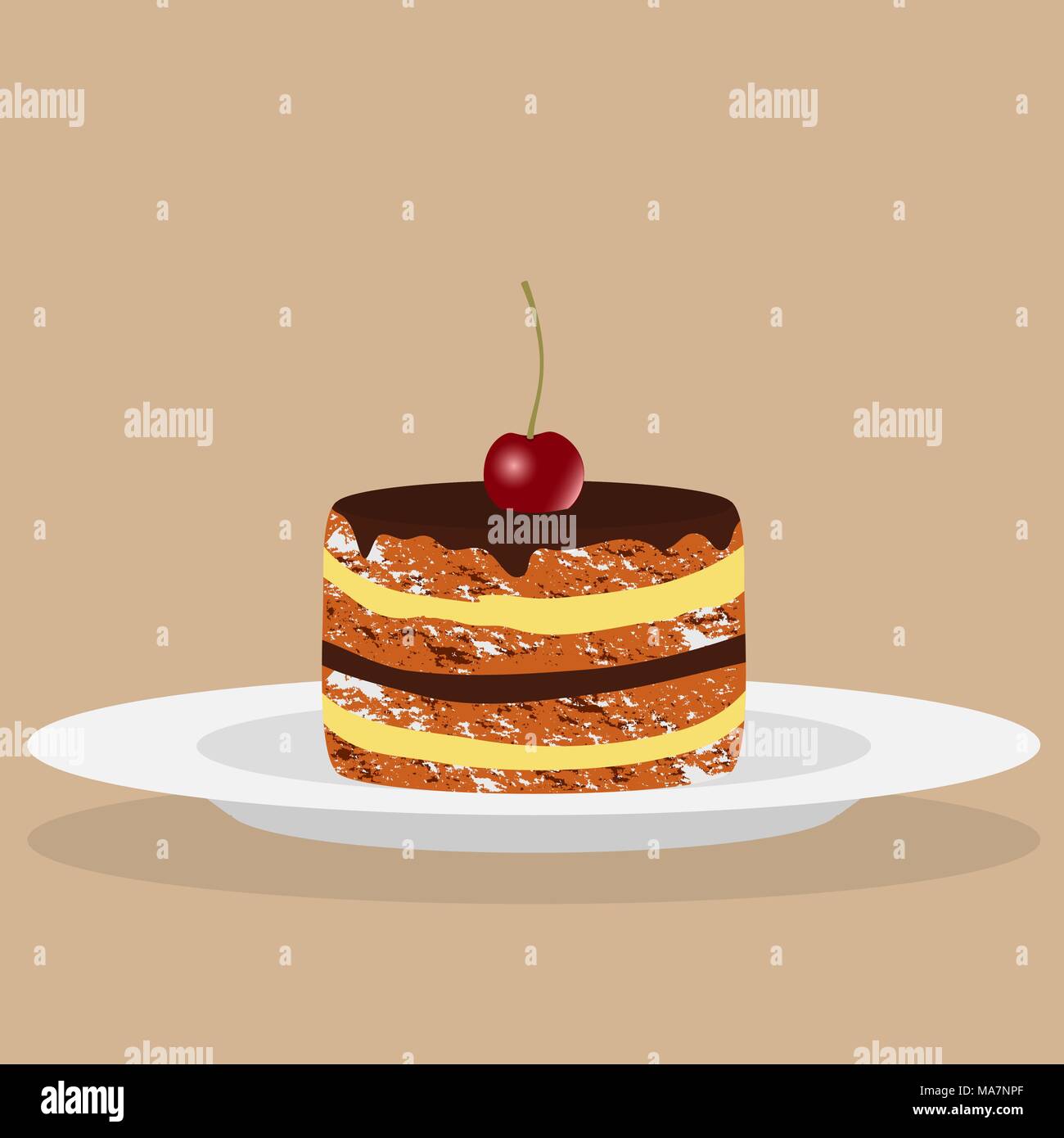 Delicious cake with cream, chocolate and cherry. Vector illustration ...