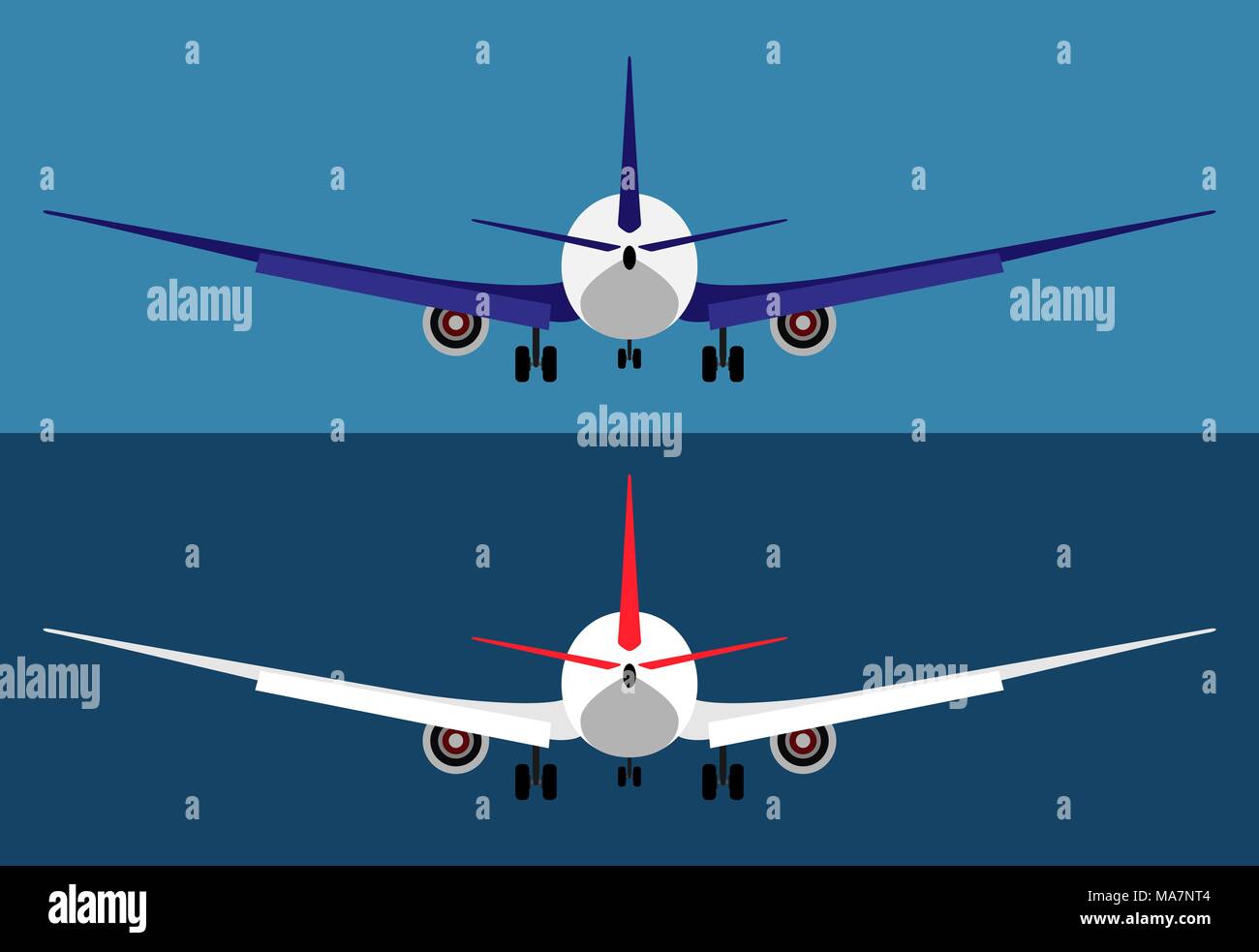 Flying airplane isolated, passenger plane rear view. Flat vector