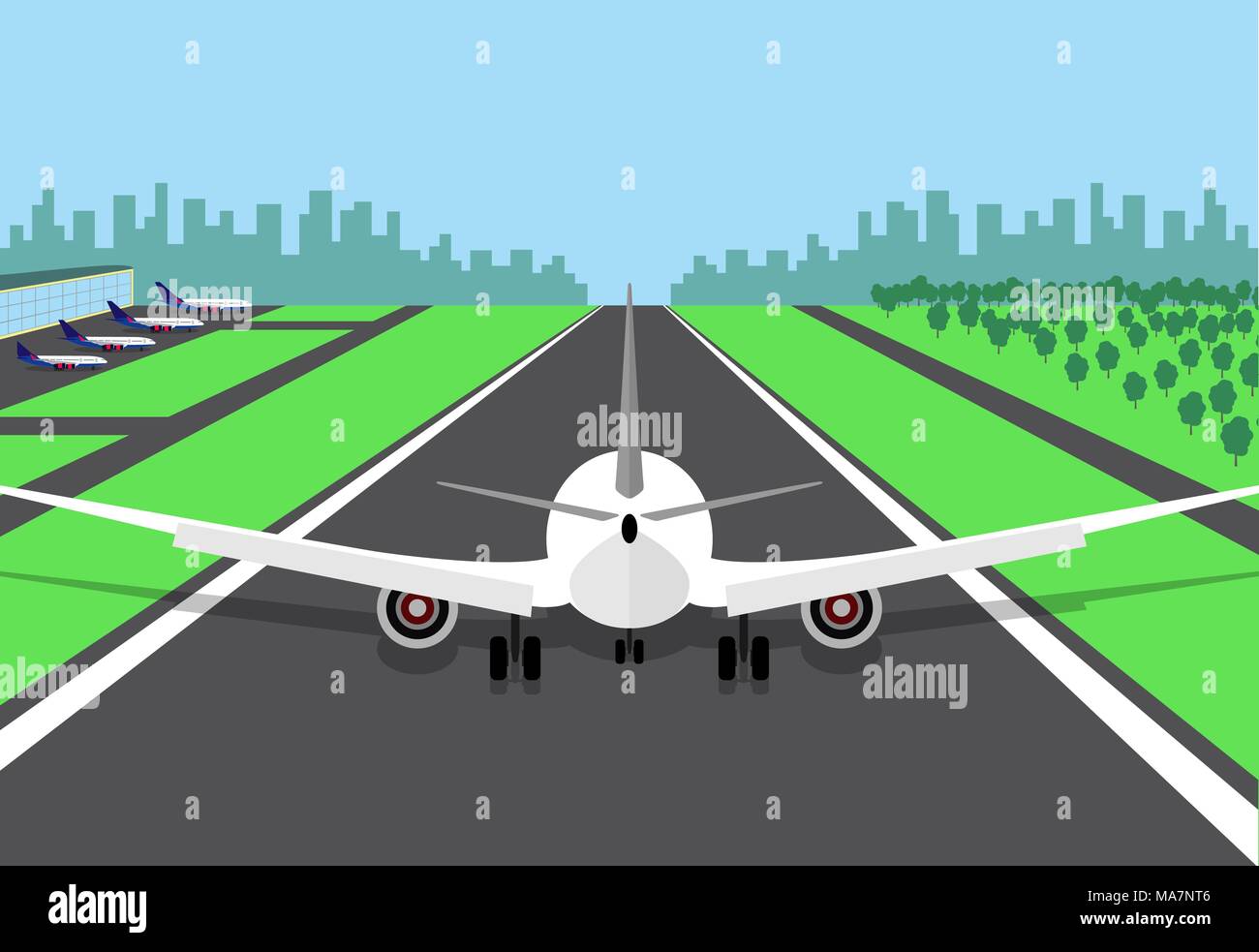 Passenger plane at the beginning of the runway, preparing for take off. Vector illustration of an airplane, rear view, on a airstrip and with the airp Stock Vector