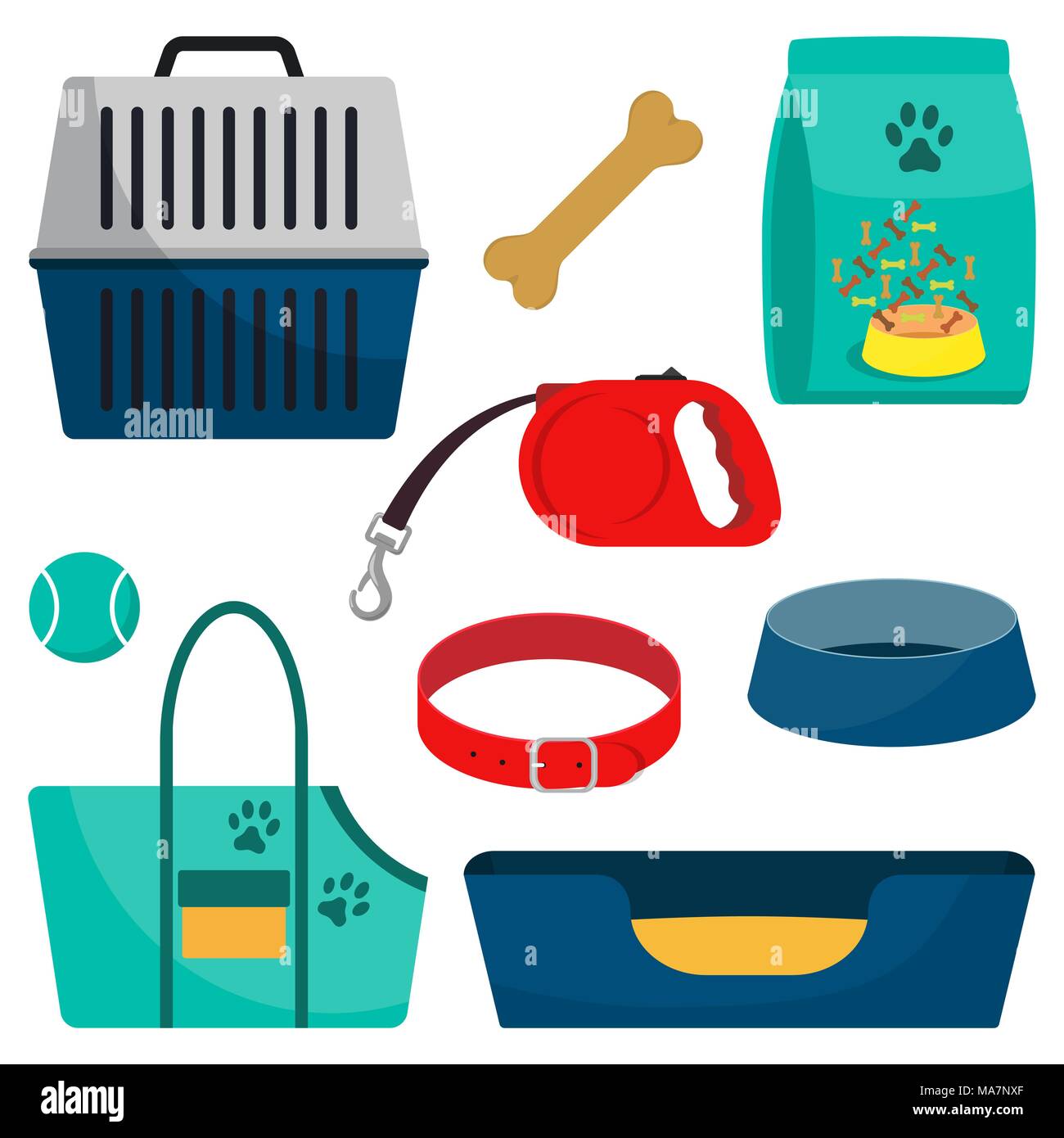 Pet care accessory, set. Pet carrier, collar, bone, bowl, food, ball a deckchair Flat style vector illustration isolated Stock Vector