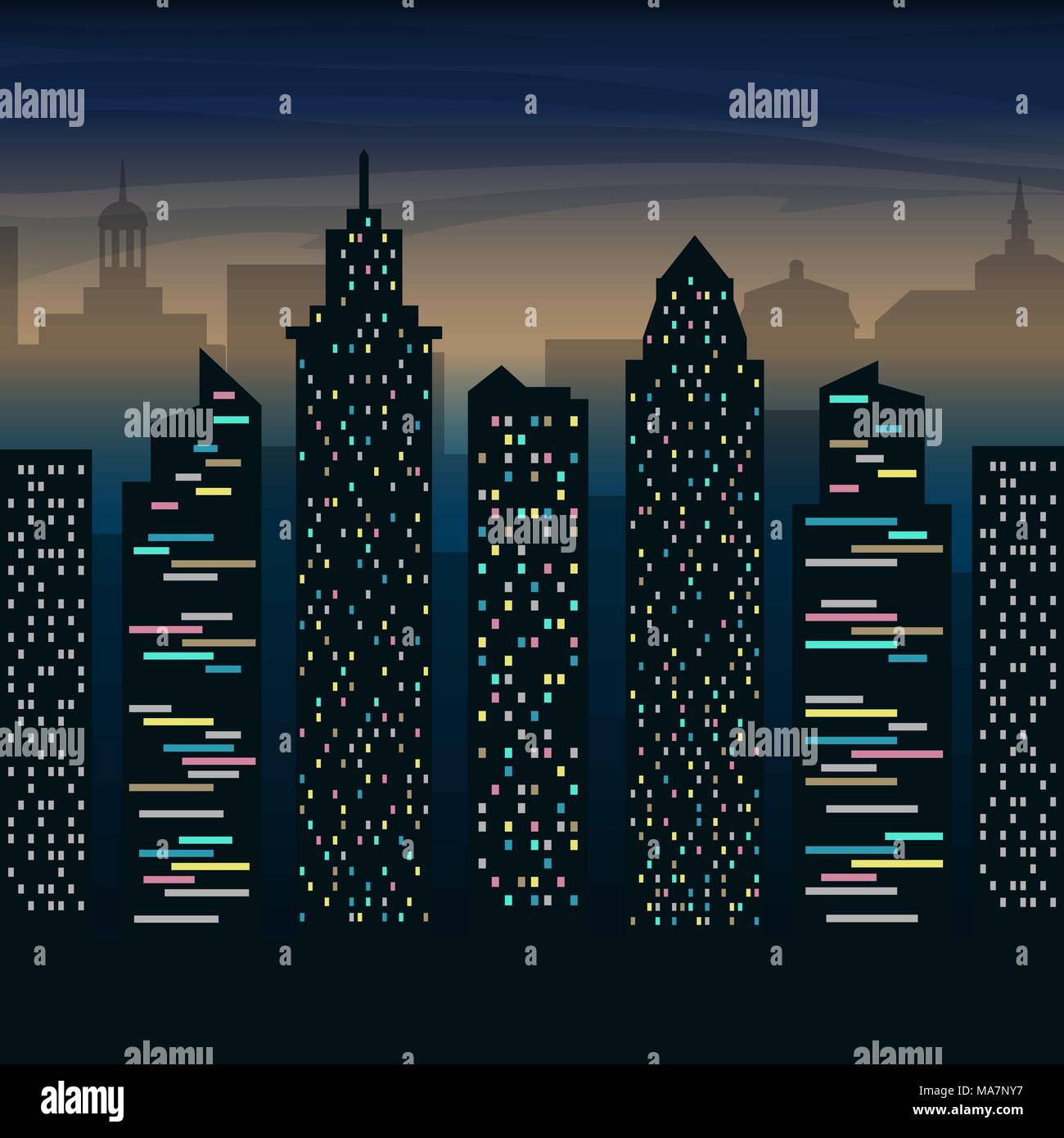 The Skyscrapers Of The Big City At Night Night City Landscape Vector Flat Illustration Stock Vector Image Art Alamy
