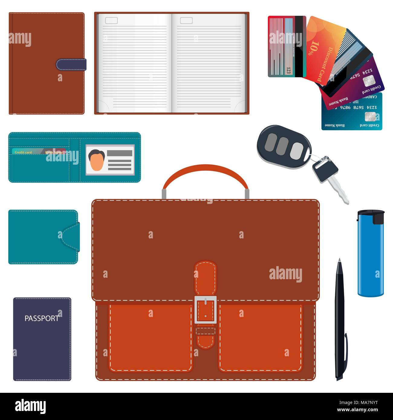 Men s briefcase and its contents. Men s bag and a common set of objects carry with them. Diary, wallet, bank cards, car keys, passport, lighter, pen.  Stock Vector