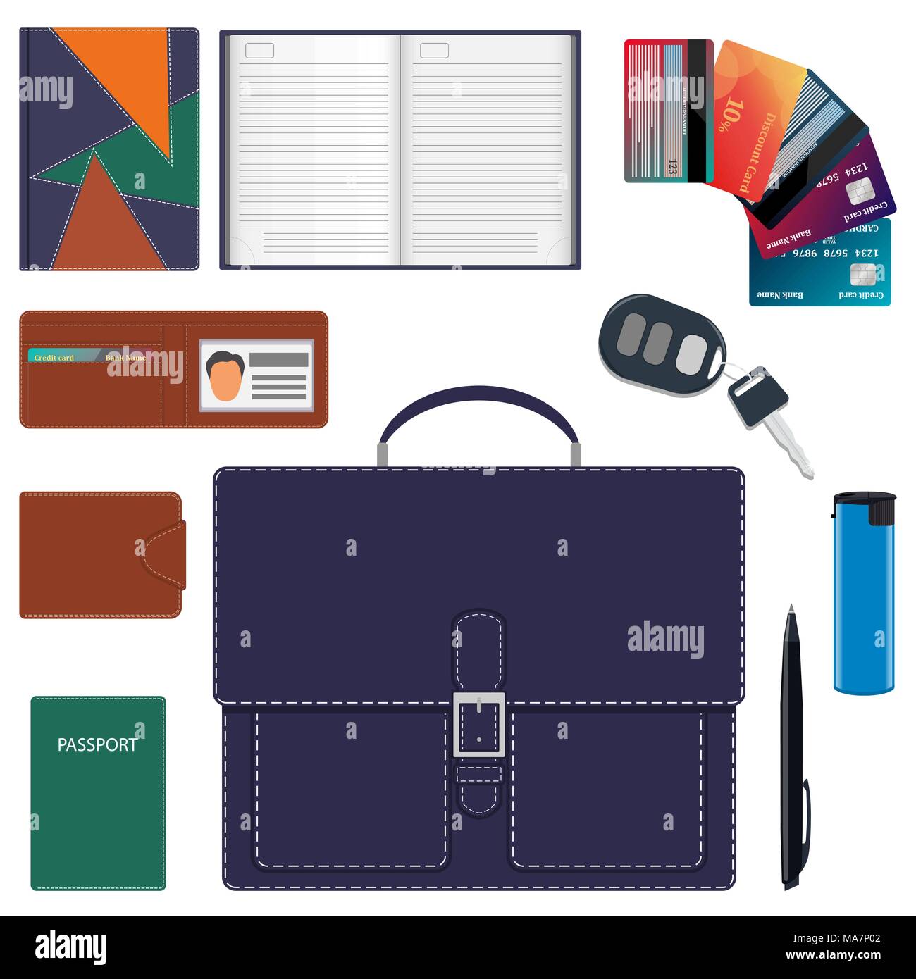 Men s briefcase and its contents. Men s bag and a common set of objects carry with them. Diary, wallet, bank cards, car keys, passport, lighter, pen.  Stock Vector
