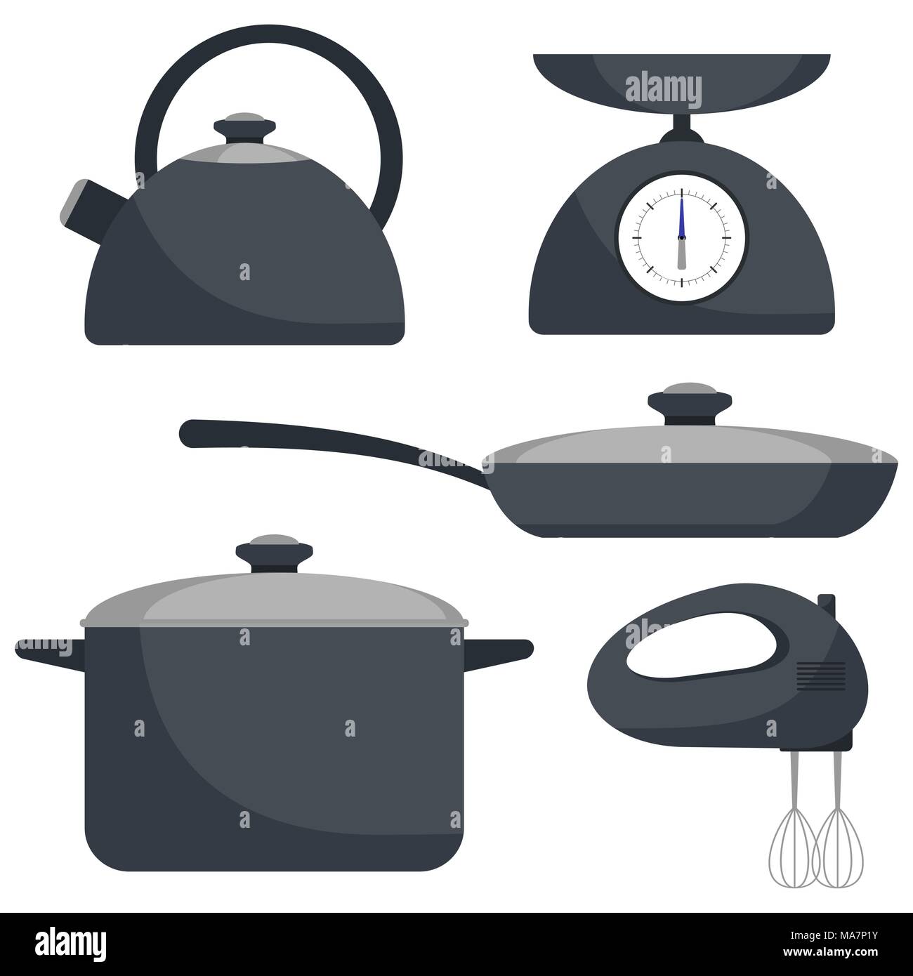 Kitchen utensils, set. Frying pan, saucepan, kettle mixer scales Vector flat illustration Stock Vector