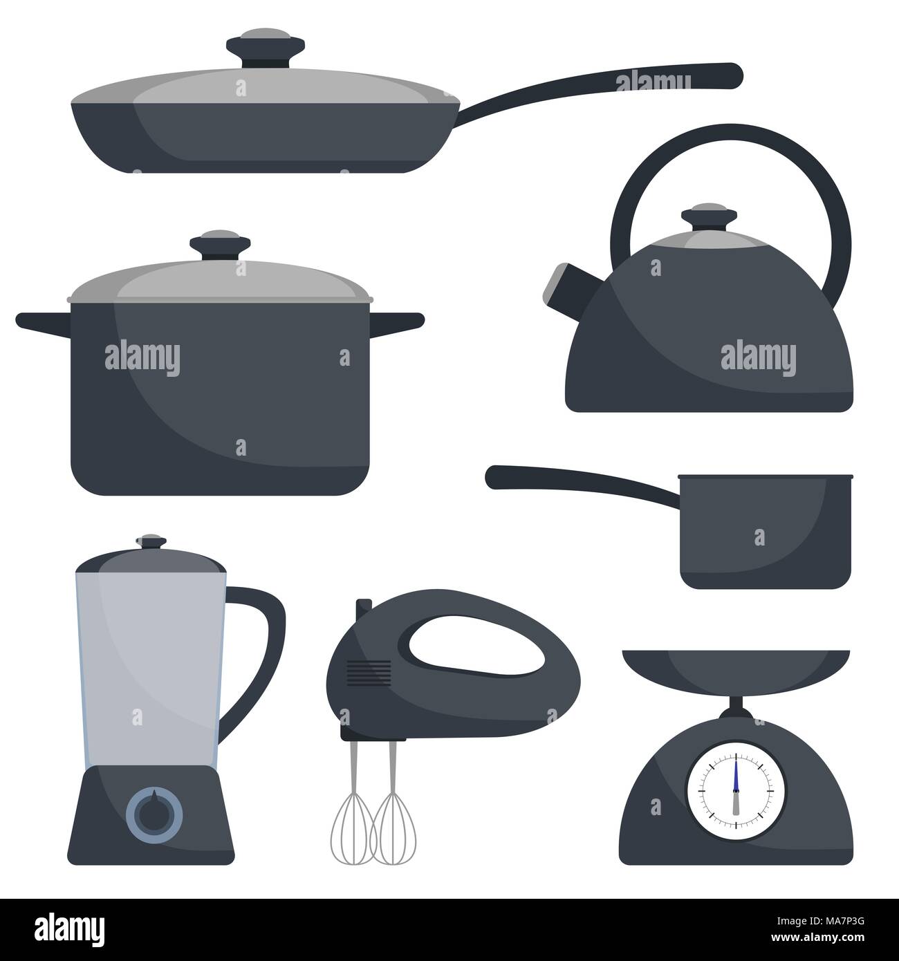 Kitchen utensils, set. Frying pan, saucepan, kettle, mixer blender