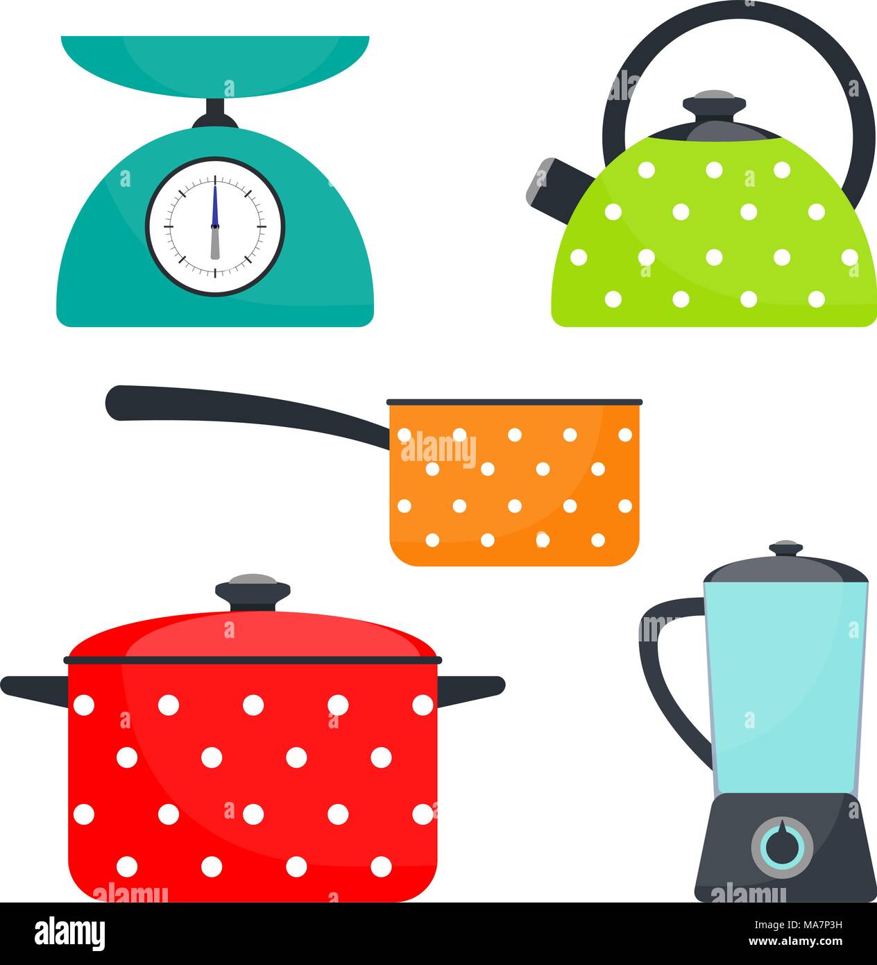 Kitchen utensils, set. Frying pan, saucepan, kettle mixer scales Vector flat illustration Stock Vector