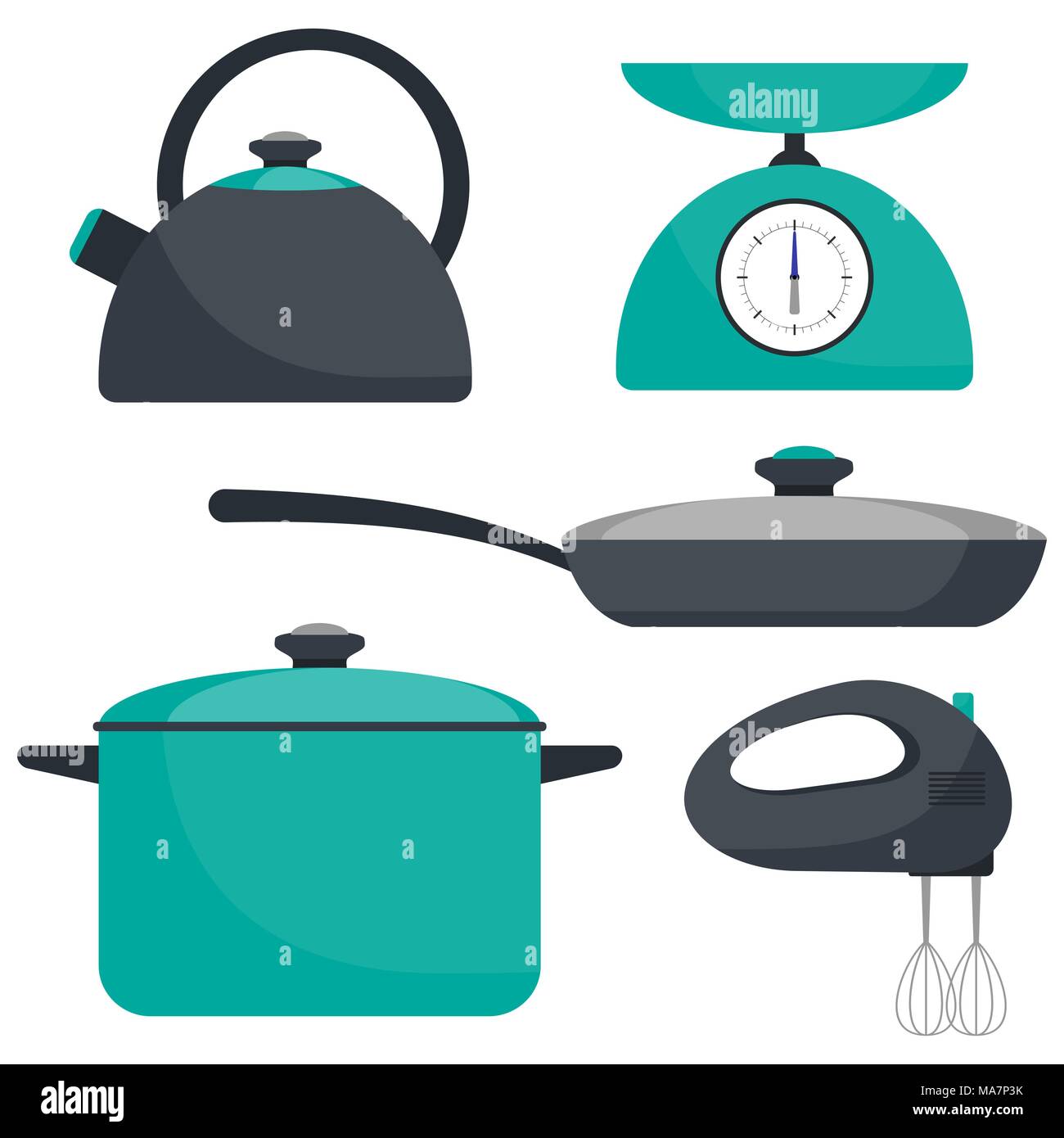 Kitchen utensils, set. Frying pan, saucepan, kettle mixer scales Vector flat illustration Stock Vector