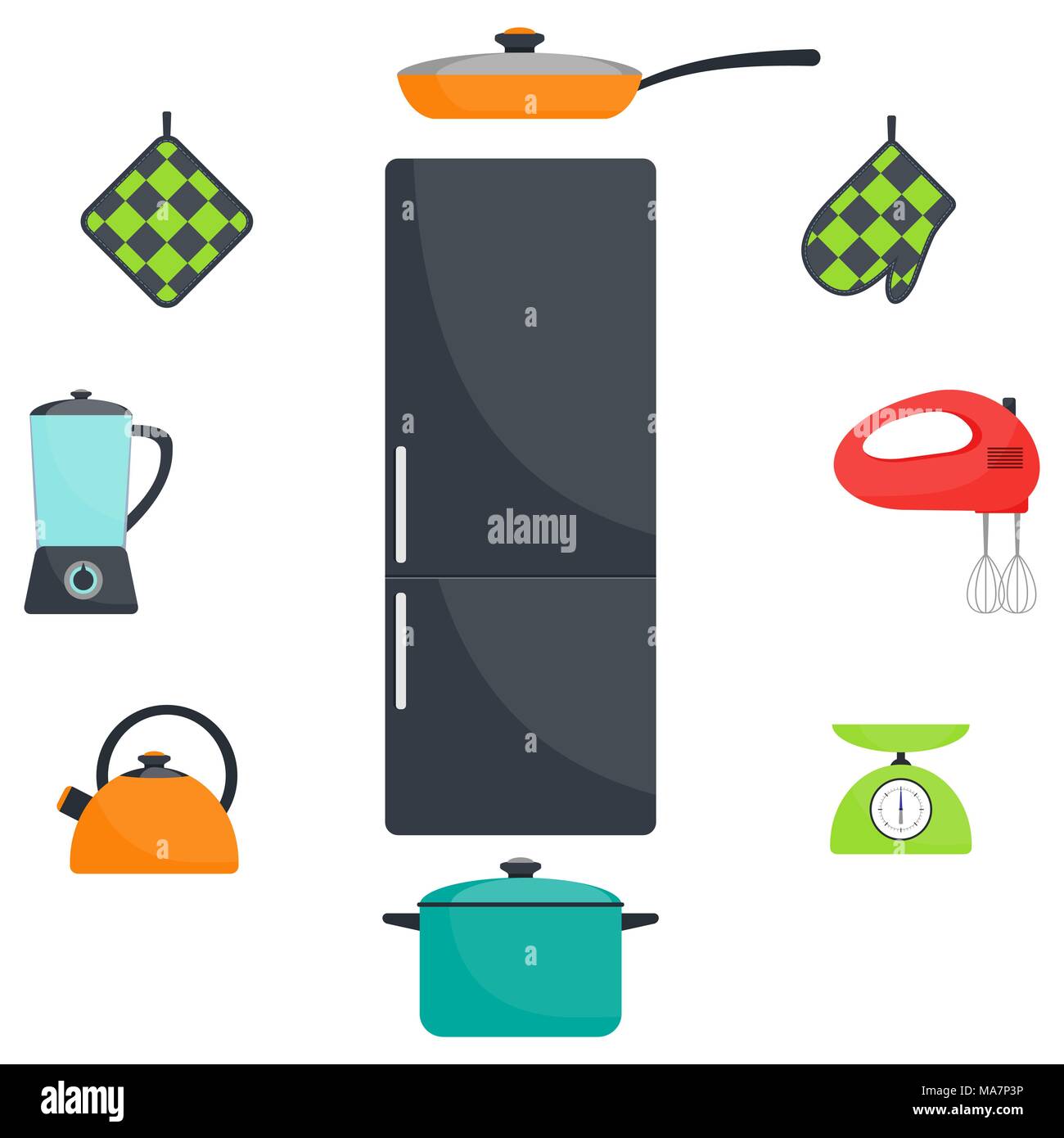 Kitchen utensils and appliances, set. Fridge, frying pan, saucepan, kettle, mixer, blender scales oven mitts Vector flat illustration Stock Vector