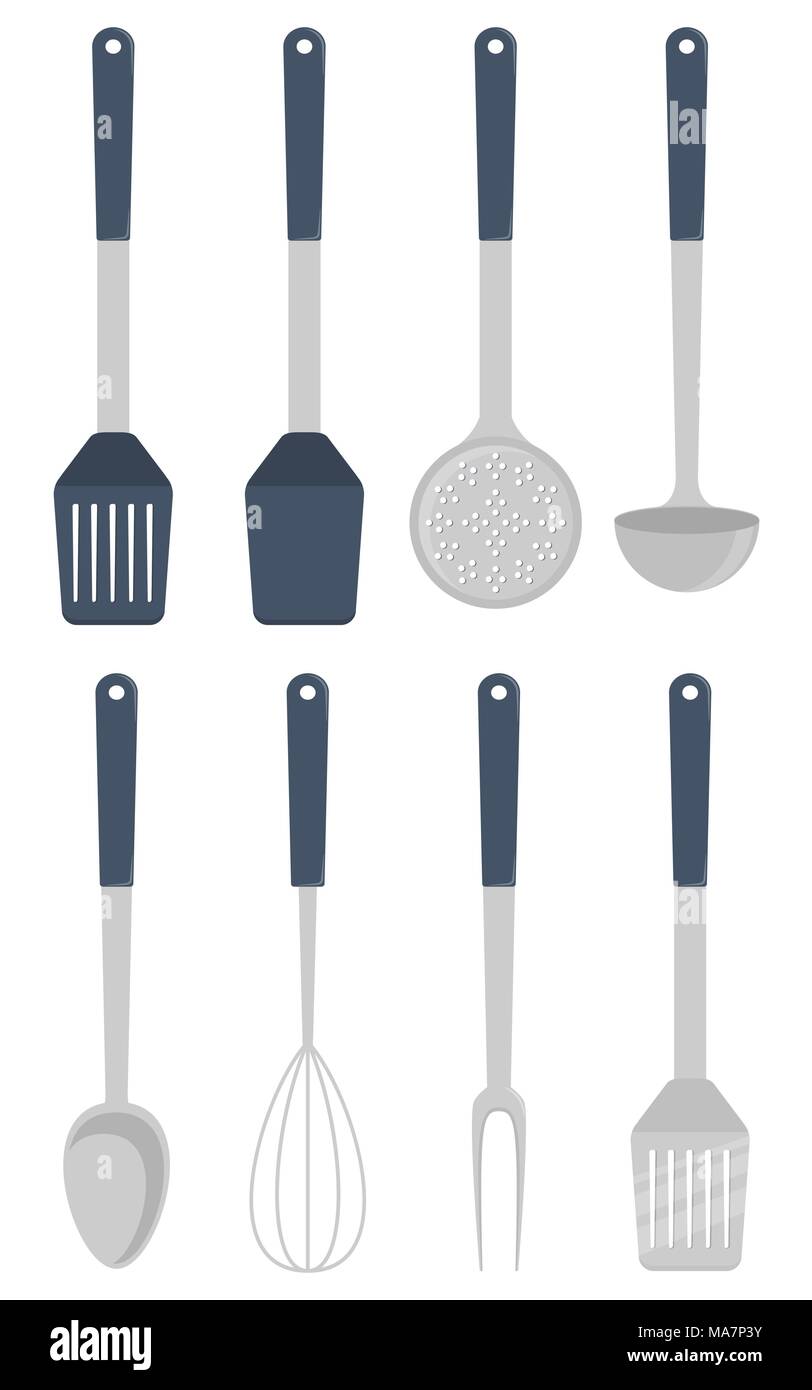 Kitchen utensils, set. Ladle, spatula, whisk skimmer spoon vector illustration isolated Stock Vector