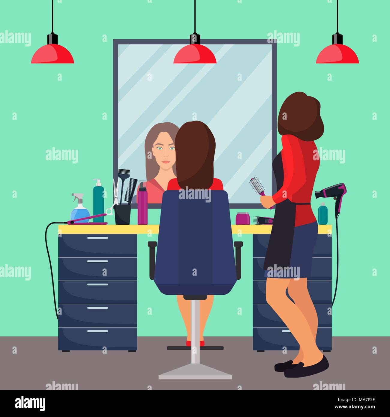 Hairdresser And Woman Client In Beauty Hairdressing Salon Chair