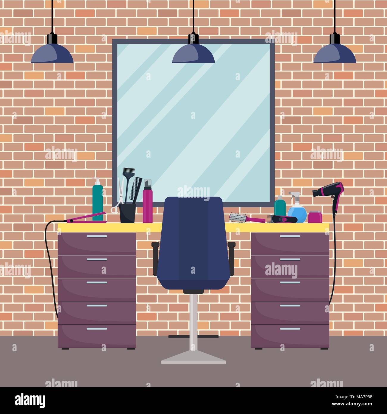 Hairdresser s workplace in woman beauty hairdressing salon. Chair, mirror, table, hairdressing tools, cosmetic products for hair care. Barber shop int Stock Vector