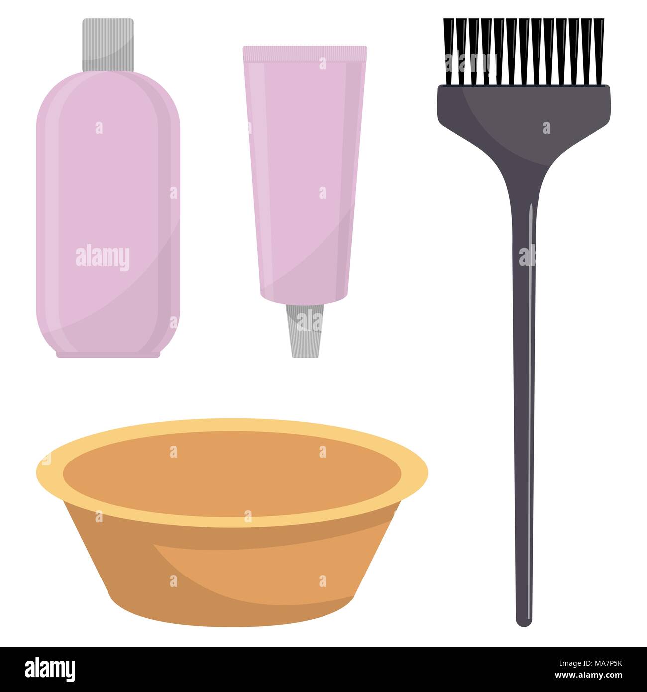 Hair dye, oxidizer, hair dye brush and mixing bowl. Hair coloring set, vector illustration, isolated on white Stock Vector