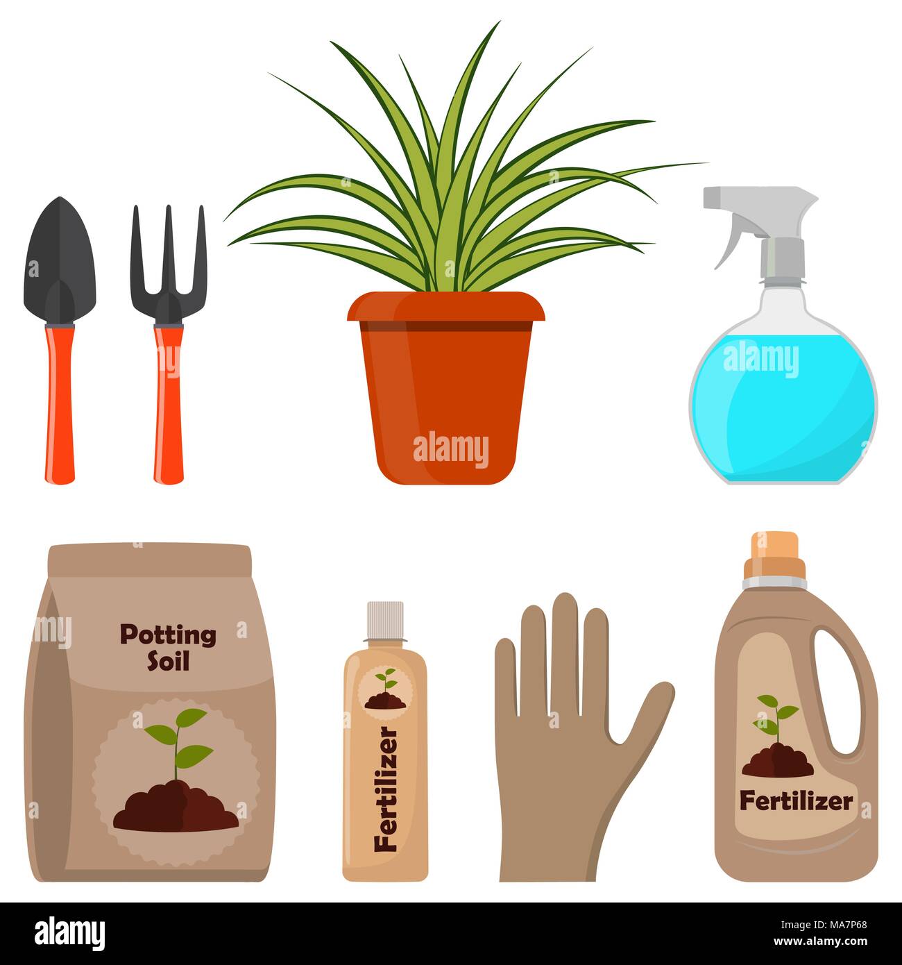 Potted plant. Potting soil, various fertilizers in bottles and spray gun, gardening tools. Vector illustration in flat style Stock Vector