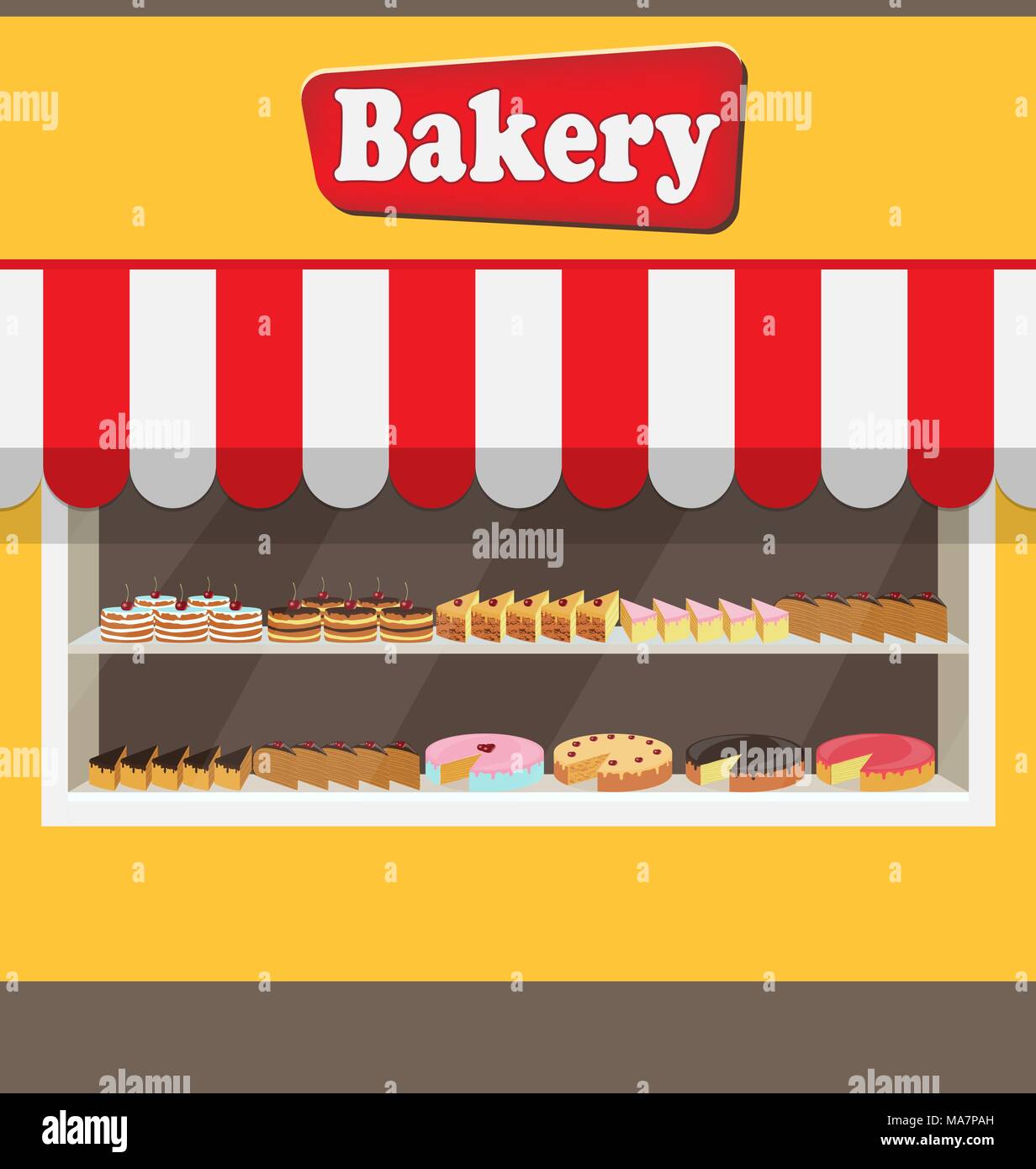 Bakery shop building facade with signboard. Different cakes and pies on shelves behind the window glass. Bakery facade vector illustration in flat sty Stock Vector