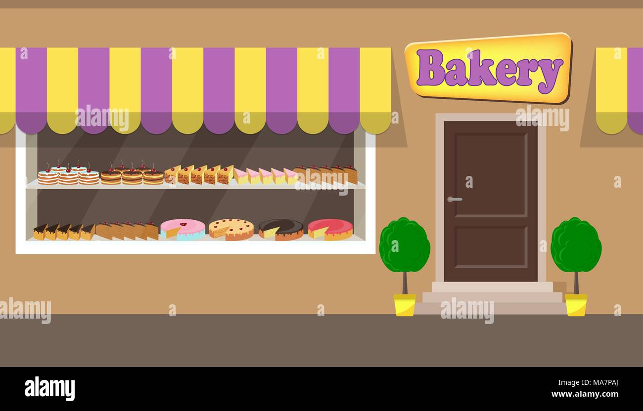 Bakery shop building facade with signboard. Different cakes and pies on shelves behind the window glass. Bakery facade vector illustration in flat sty Stock Vector