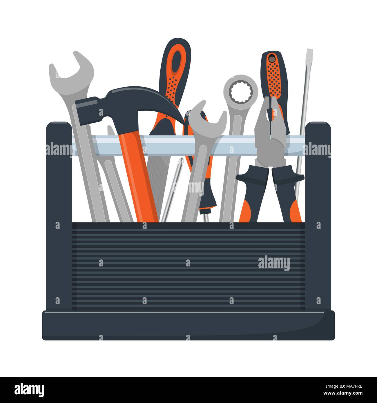 Tool box with collection of carpentry, mechanic, locksmith tools