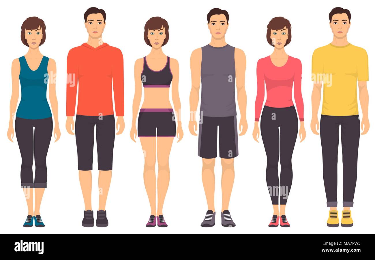 Couples in sportswear. Young men and women standing in full growth in  different sports clothes for exercises in gym, running, fitness. Vector  illustra Stock Vector Image & Art - Alamy