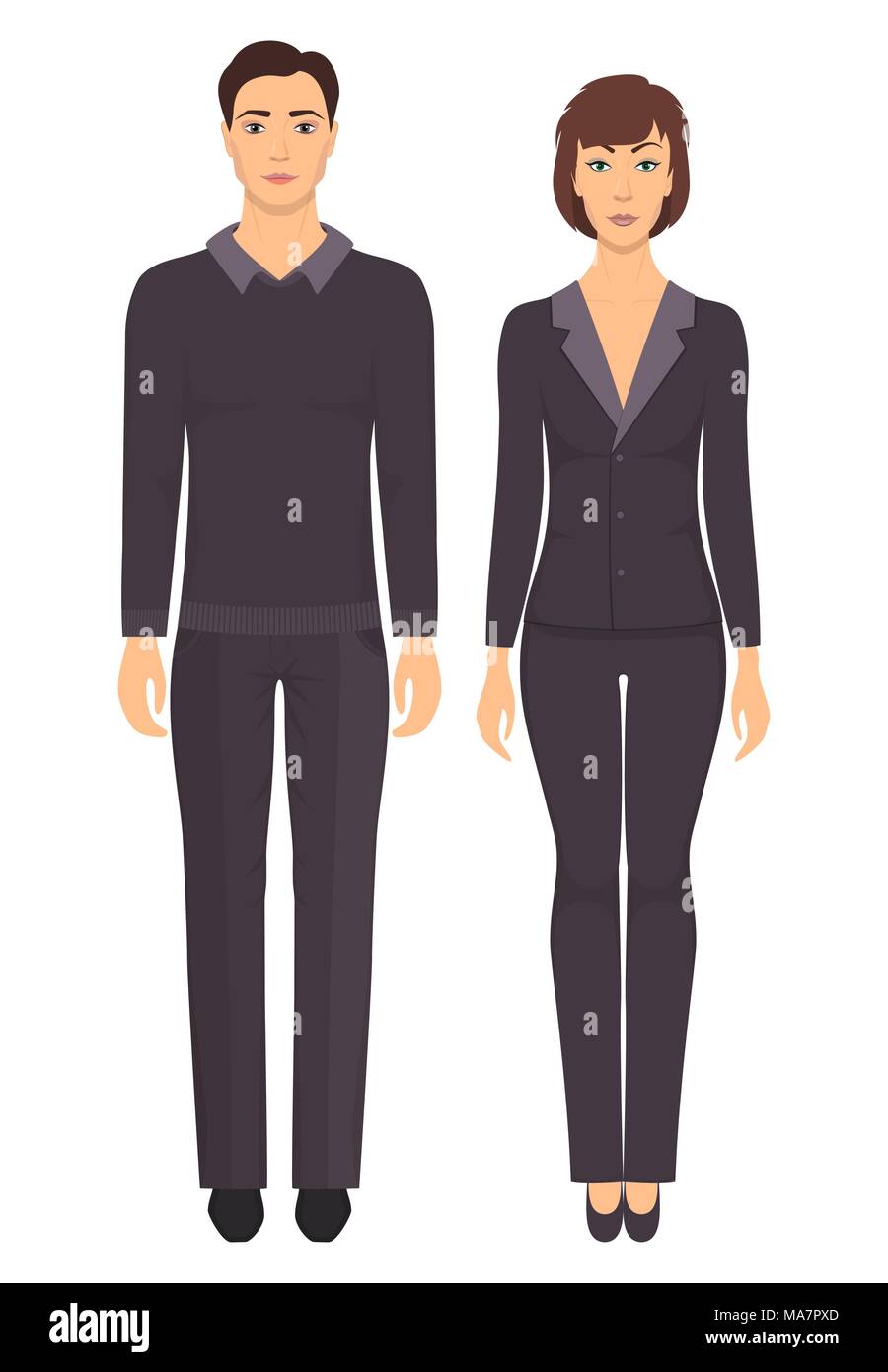 Man and woman standing in full growth in formal clothes. Couple in ...