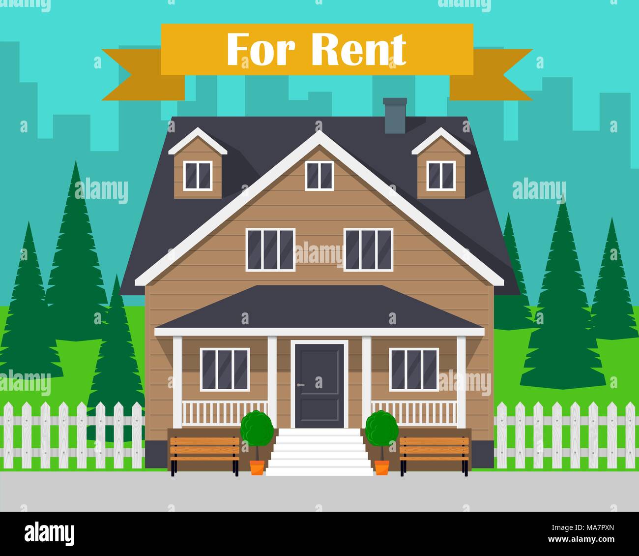House for rent. Traditional cottage s facade, house renting concept